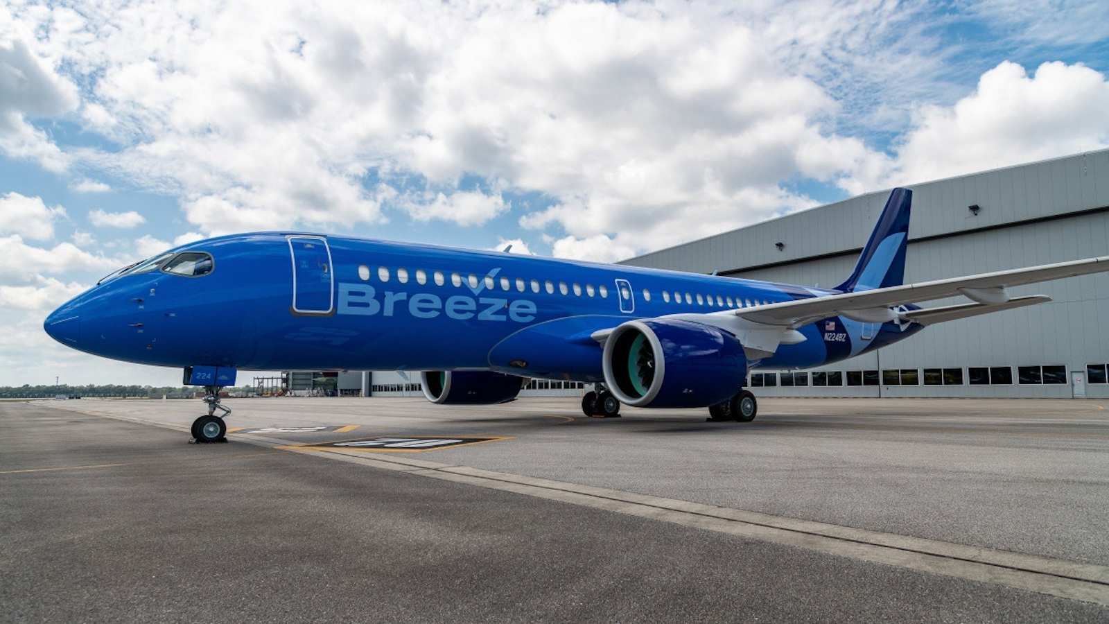 Breeze Airways Airbus A220 aircraft on tarmac