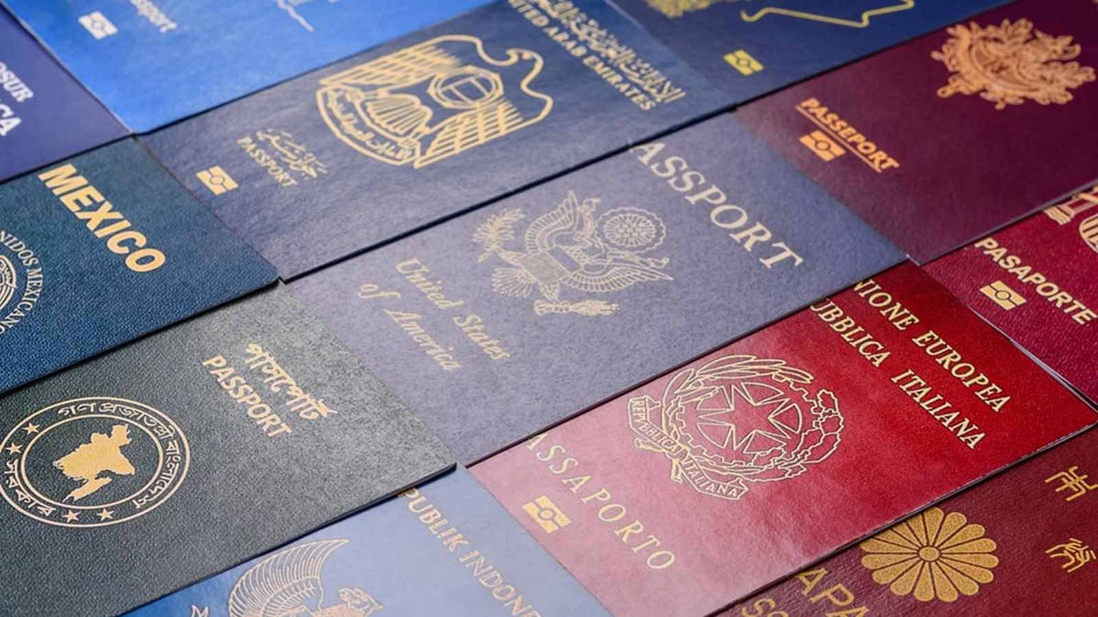 Diverse passports stacked together
