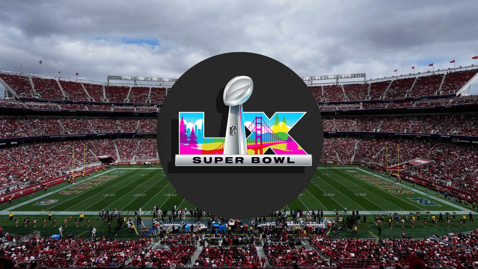 Levis Stadium exterior with Super Bowl branding