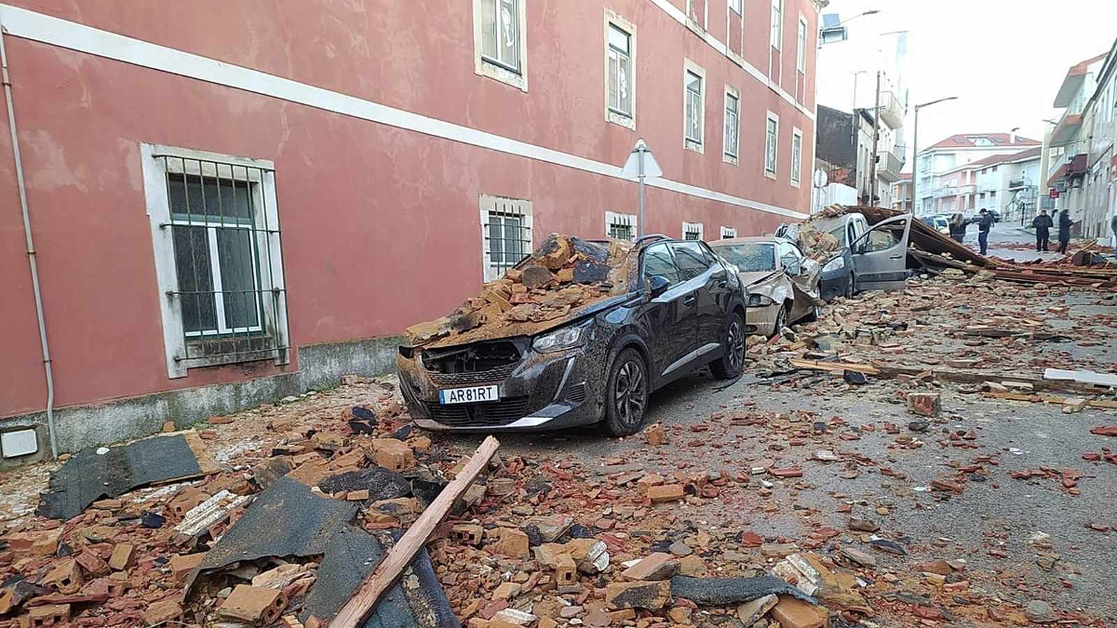 Damaged buildings and debris after Storm Kristin