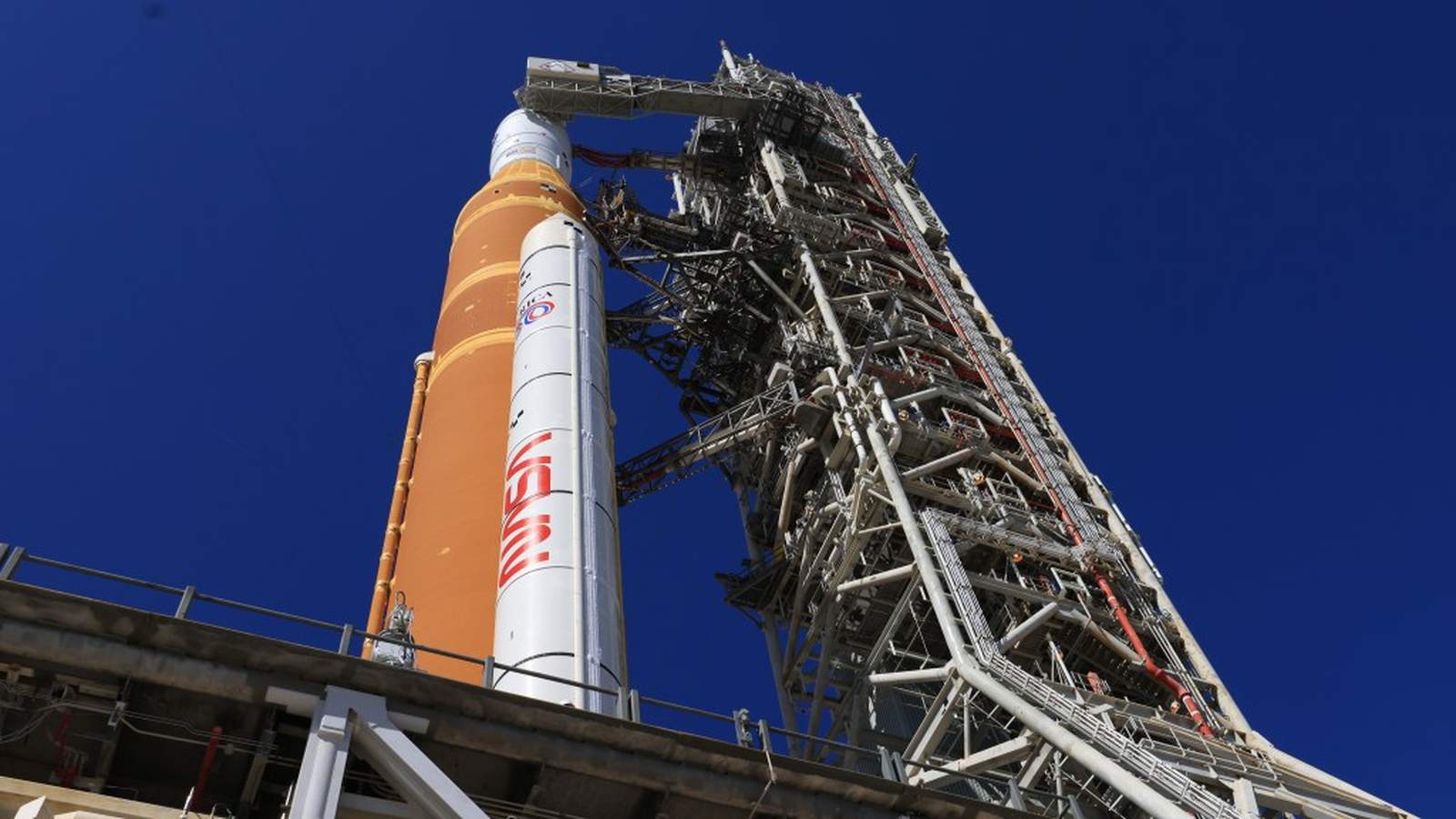 NASA Space Launch System rocket on launchpad