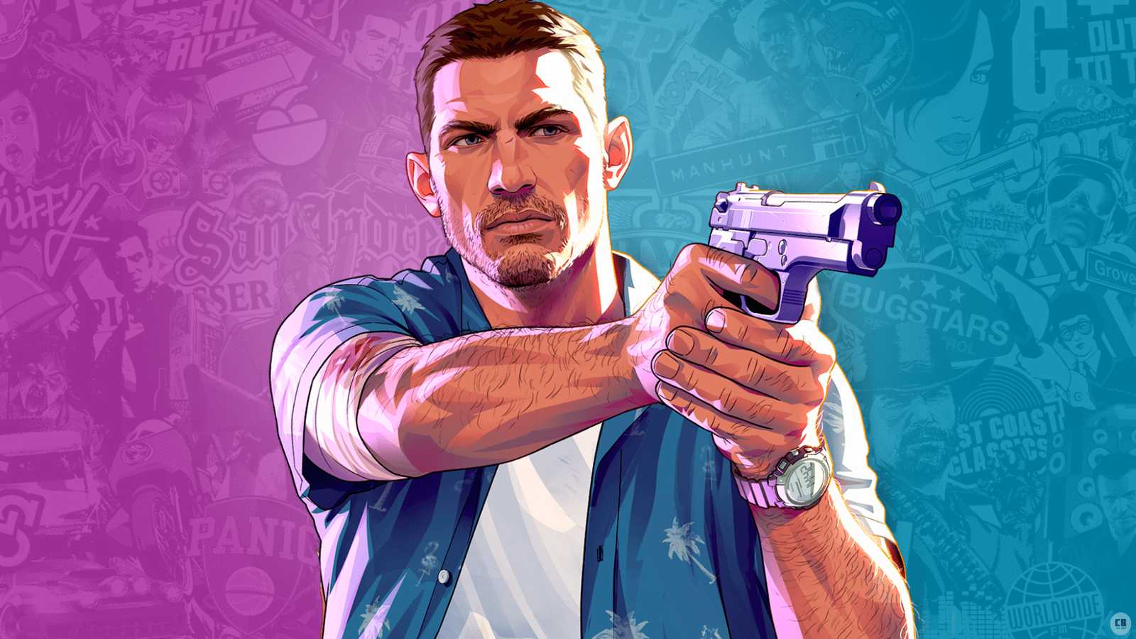 Grand Theft Auto VI logo against a Vice City backdrop