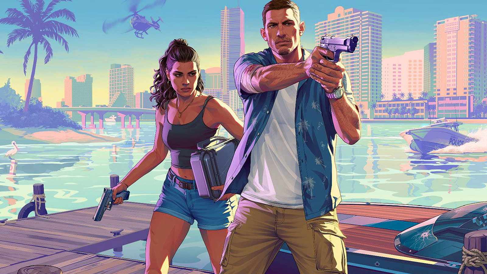 Grand Theft Auto VI logo over Vice City