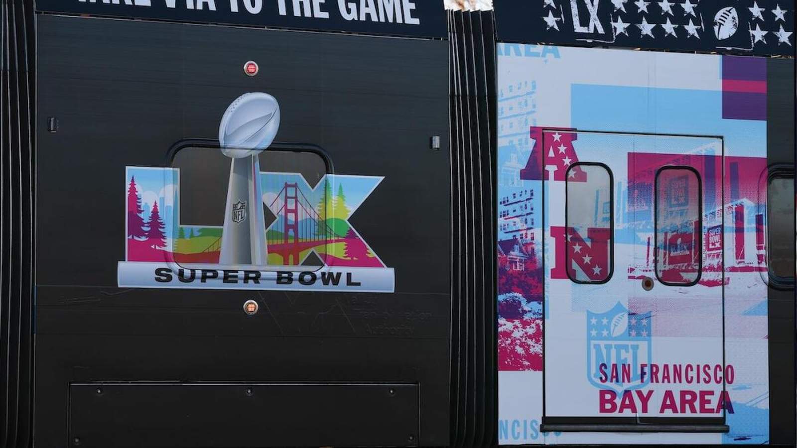 Levis Stadium exterior with Super Bowl branding