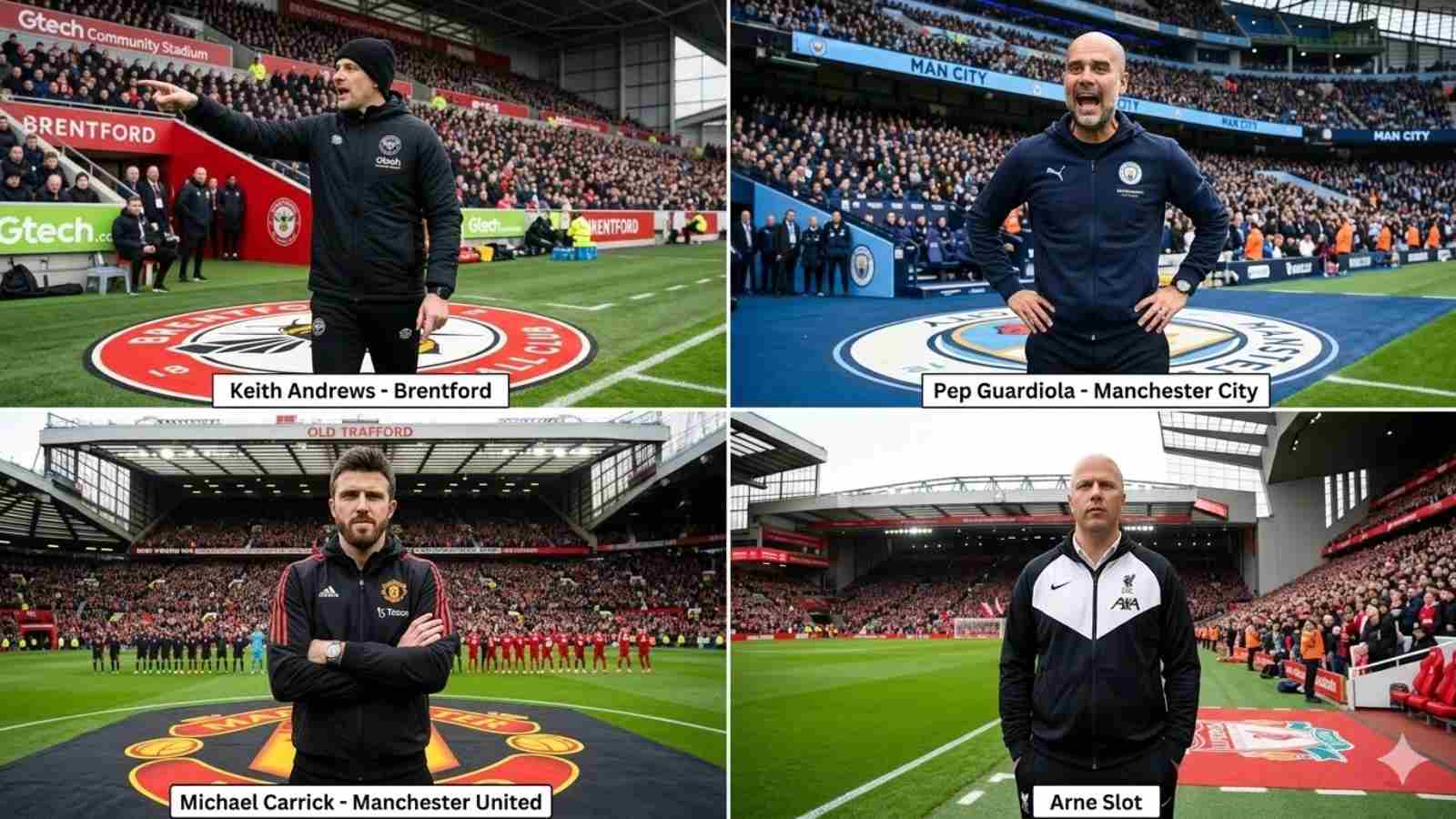 Andrews, Carrick of Manchester United, Pep Guardiola of Manchester City, and Arne Slot of Liverpool