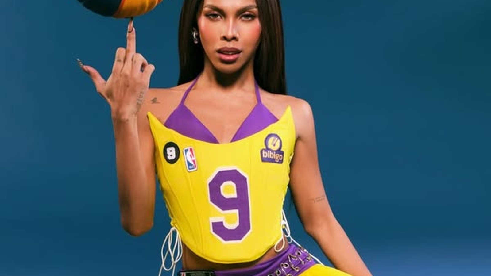 Awra Briguela posing in Lakers jersey