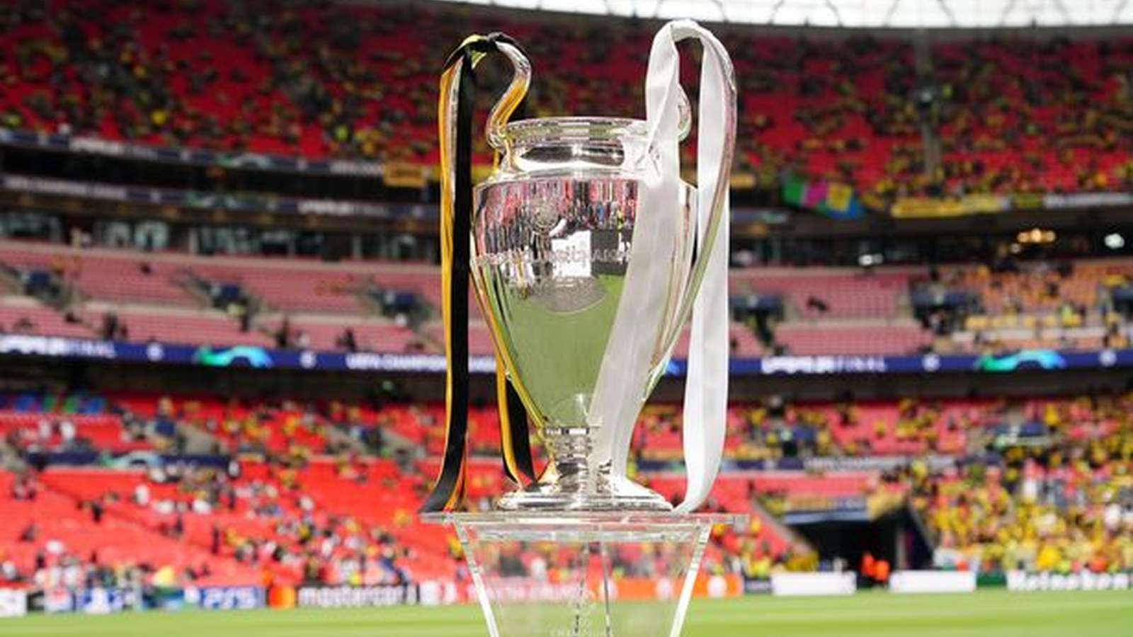 UEFA Champions League trophy on a pedestal