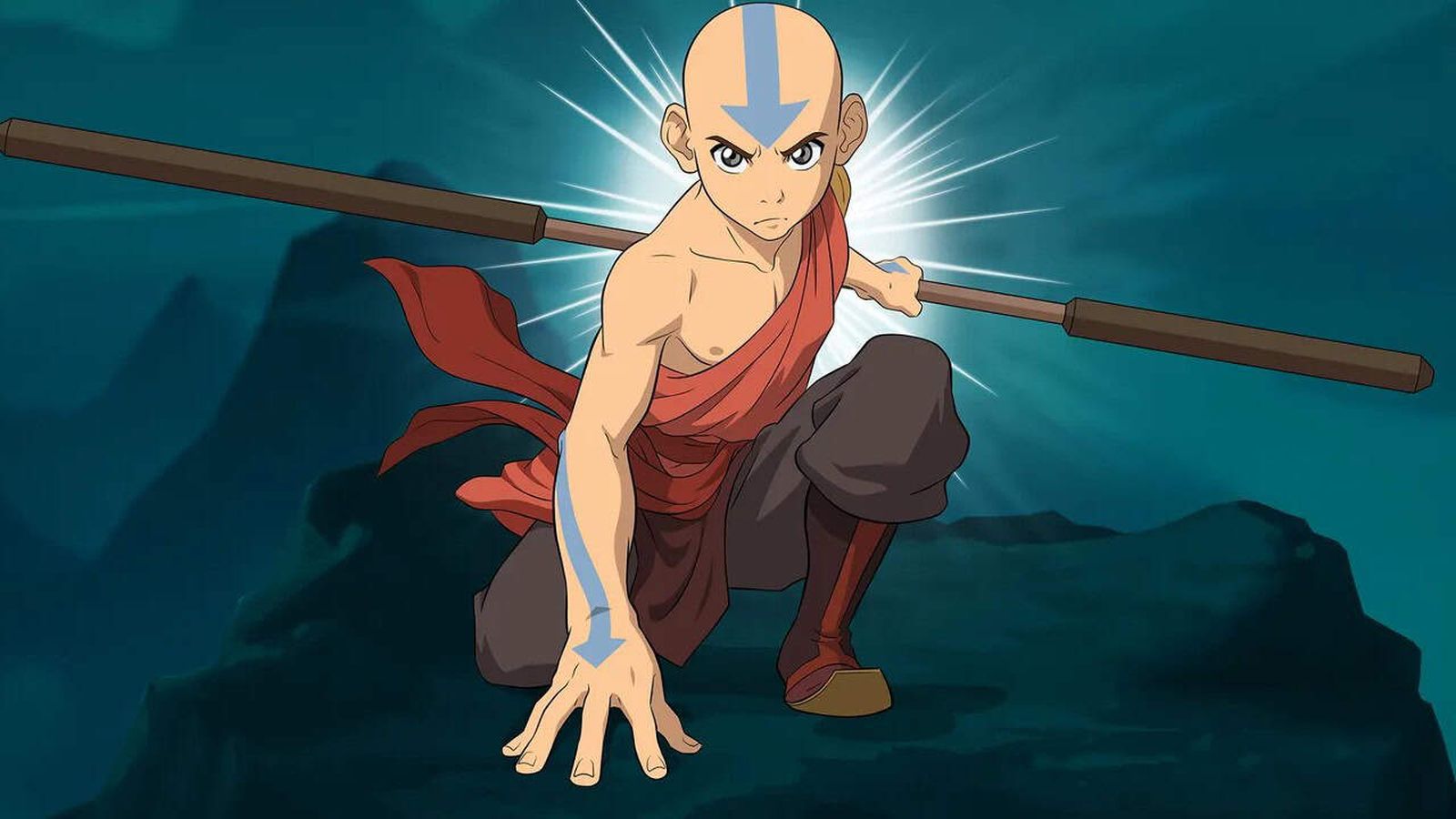 Animated Aang in a dynamic fighting stance holding a wooden staff weapon