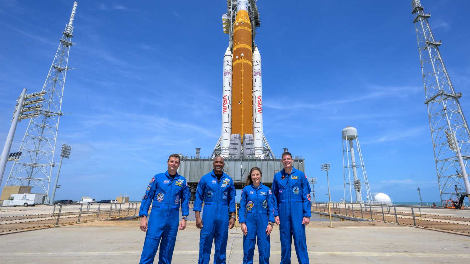 Space Launch System rocket at pad