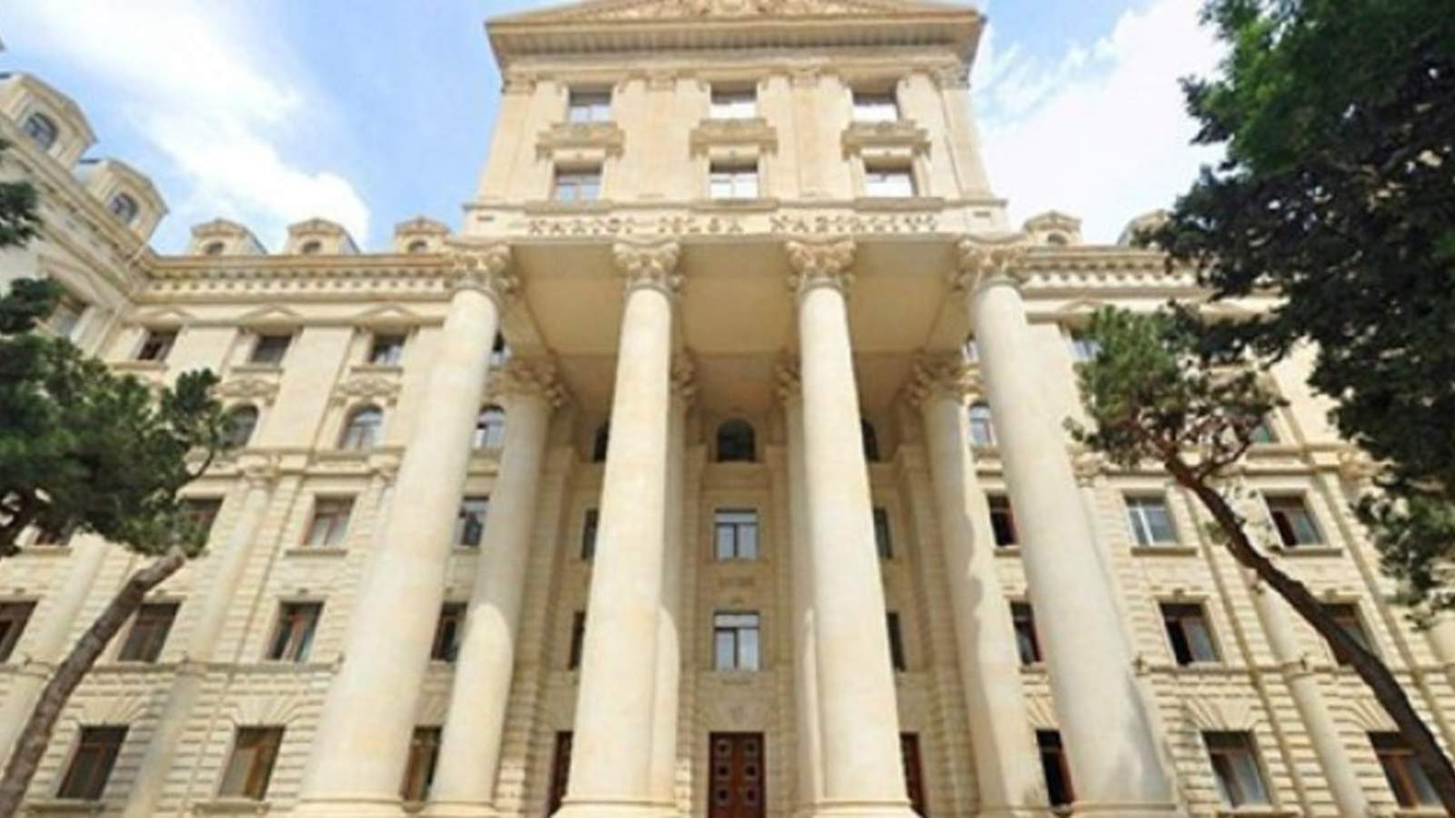 The neoclassical facade of the Azerbaijani Ministry of Foreign Affairs building in Baku