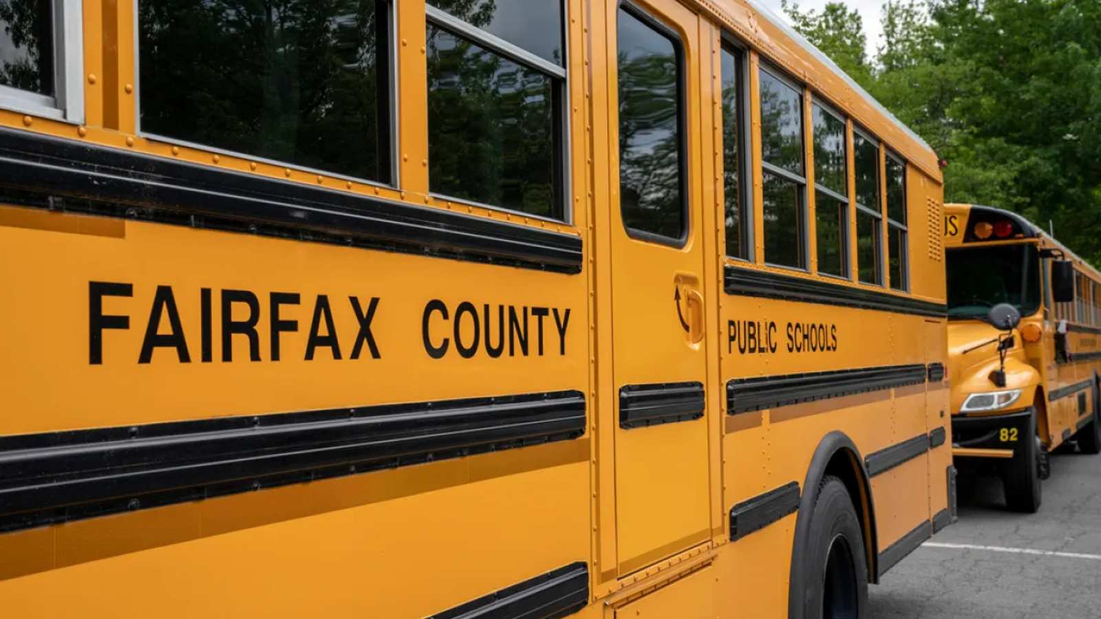 Two yellow Fairfax County public school buses parked in a row outdoors