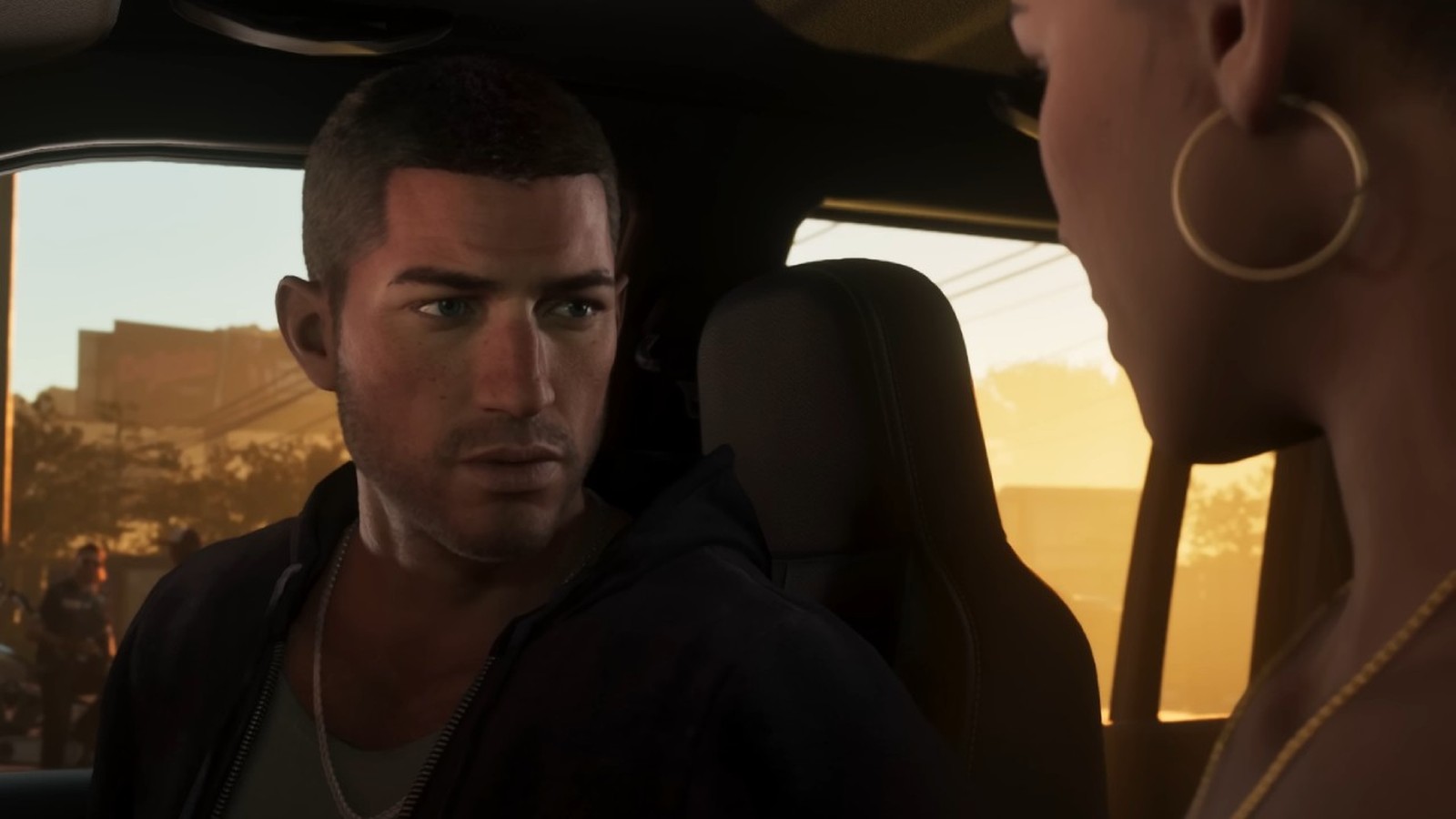 Jason looking at Lucia inside a car during a sunset scene in GTA VI