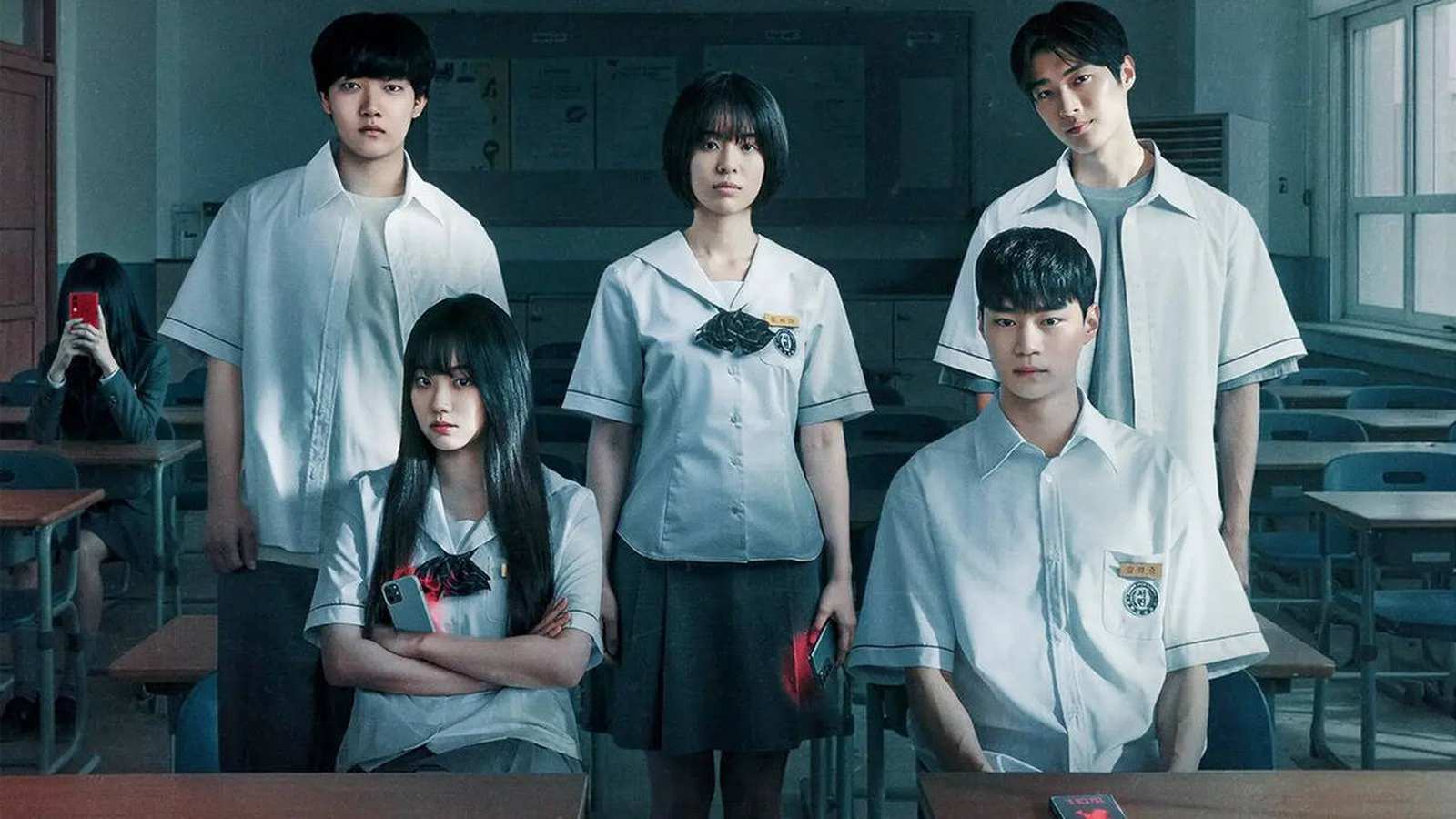 Five students in school uniforms standing in a classroom with glowing red phones