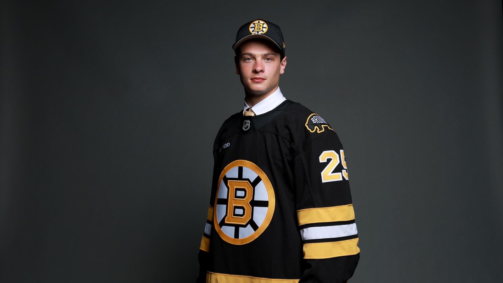 James Hagens in hockey gear