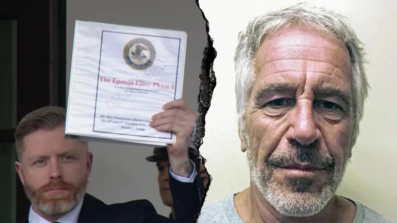 A split image showing a man holding a binder labeled The Epstein Files and Jeffrey Epstein