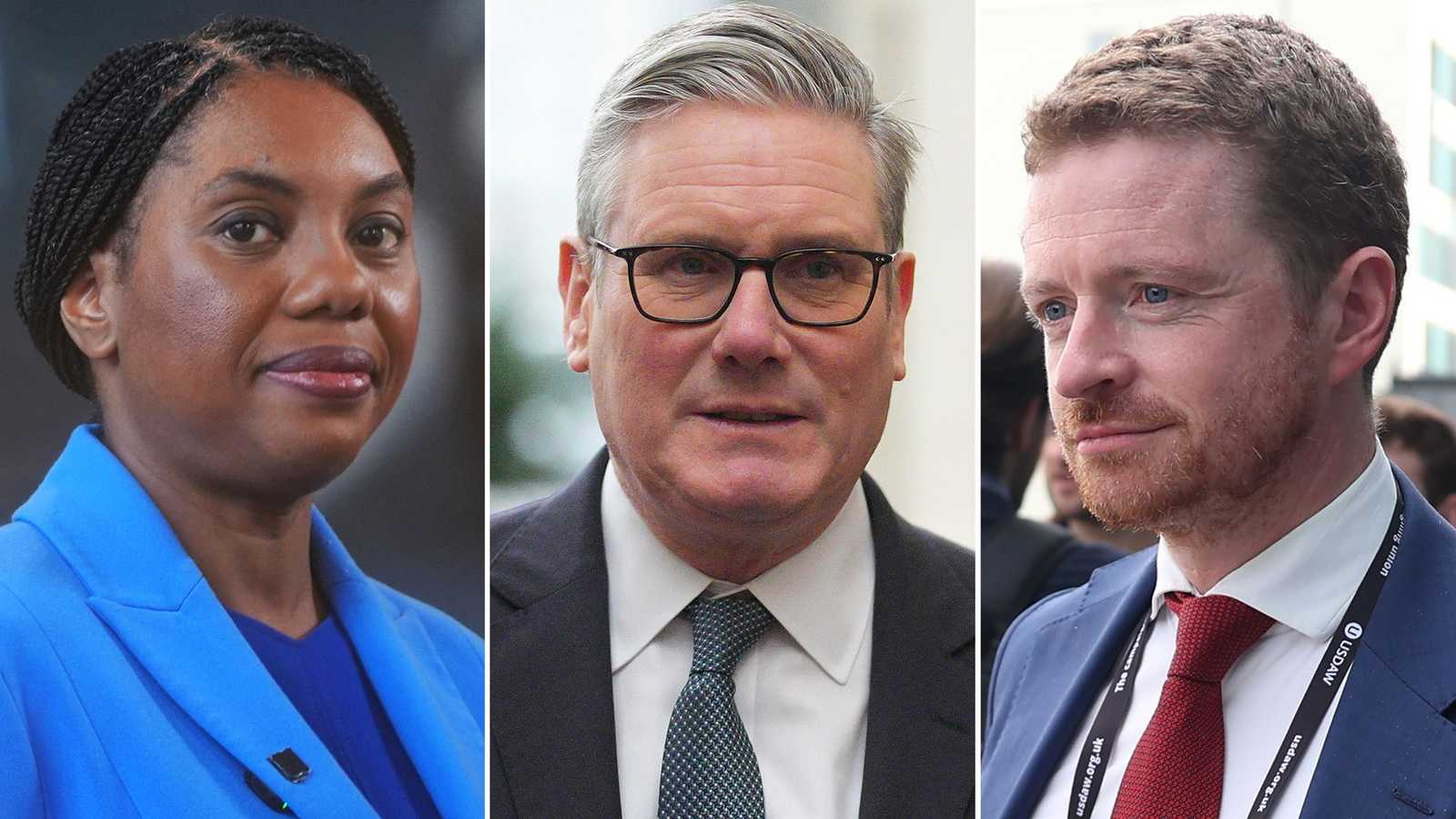 Kemi Badenoch Keir Starmer and a third man shown in separate headshots