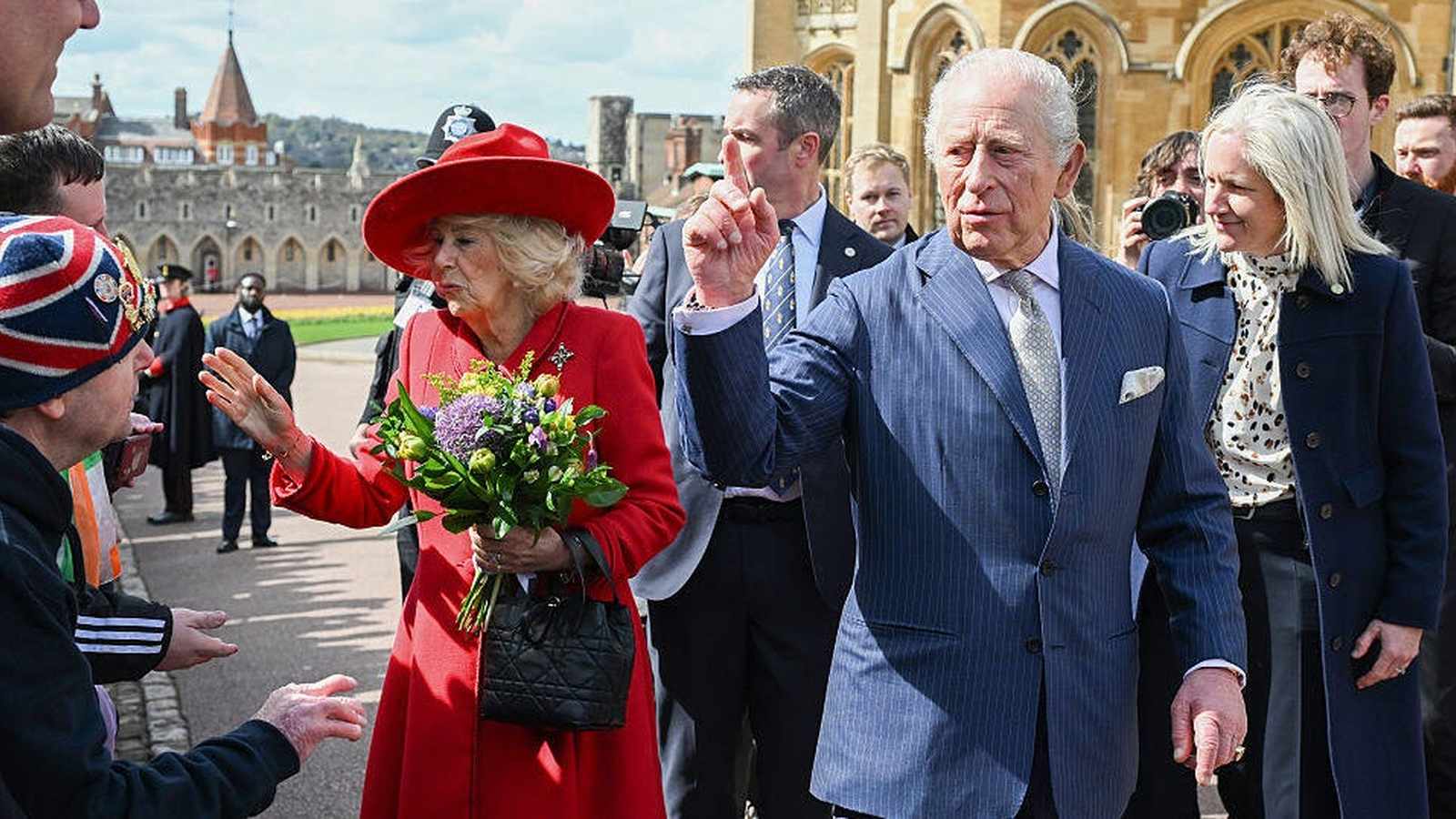 King Charles and Queen Camilla arriving at church