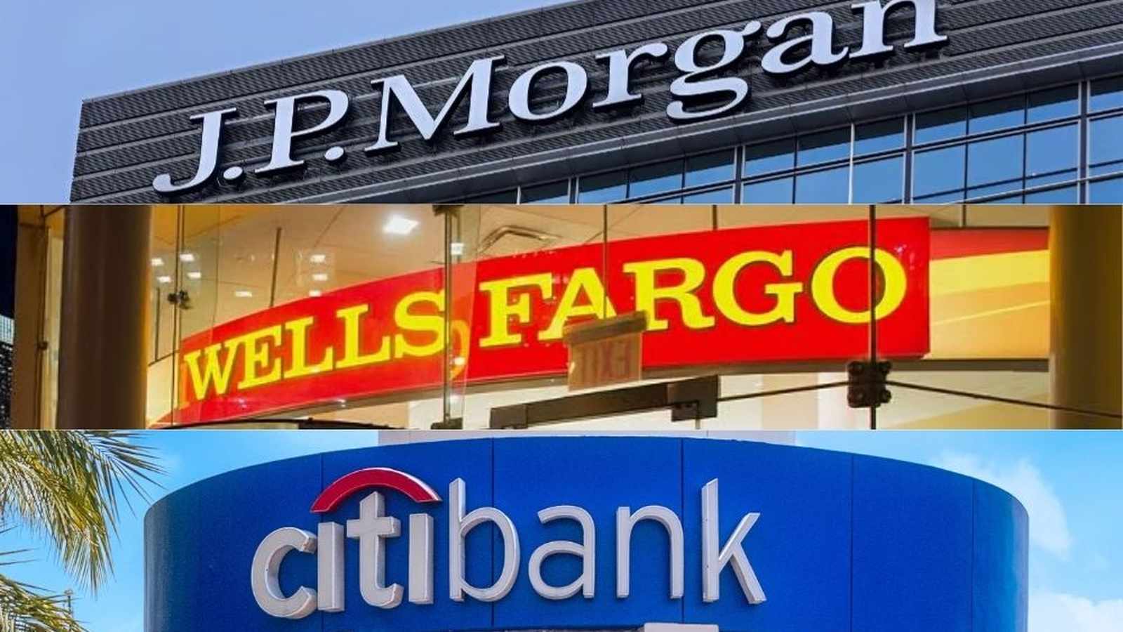 Exterior signage for JPMorgan Wells Fargo and Citibank bank branches against a blue sky