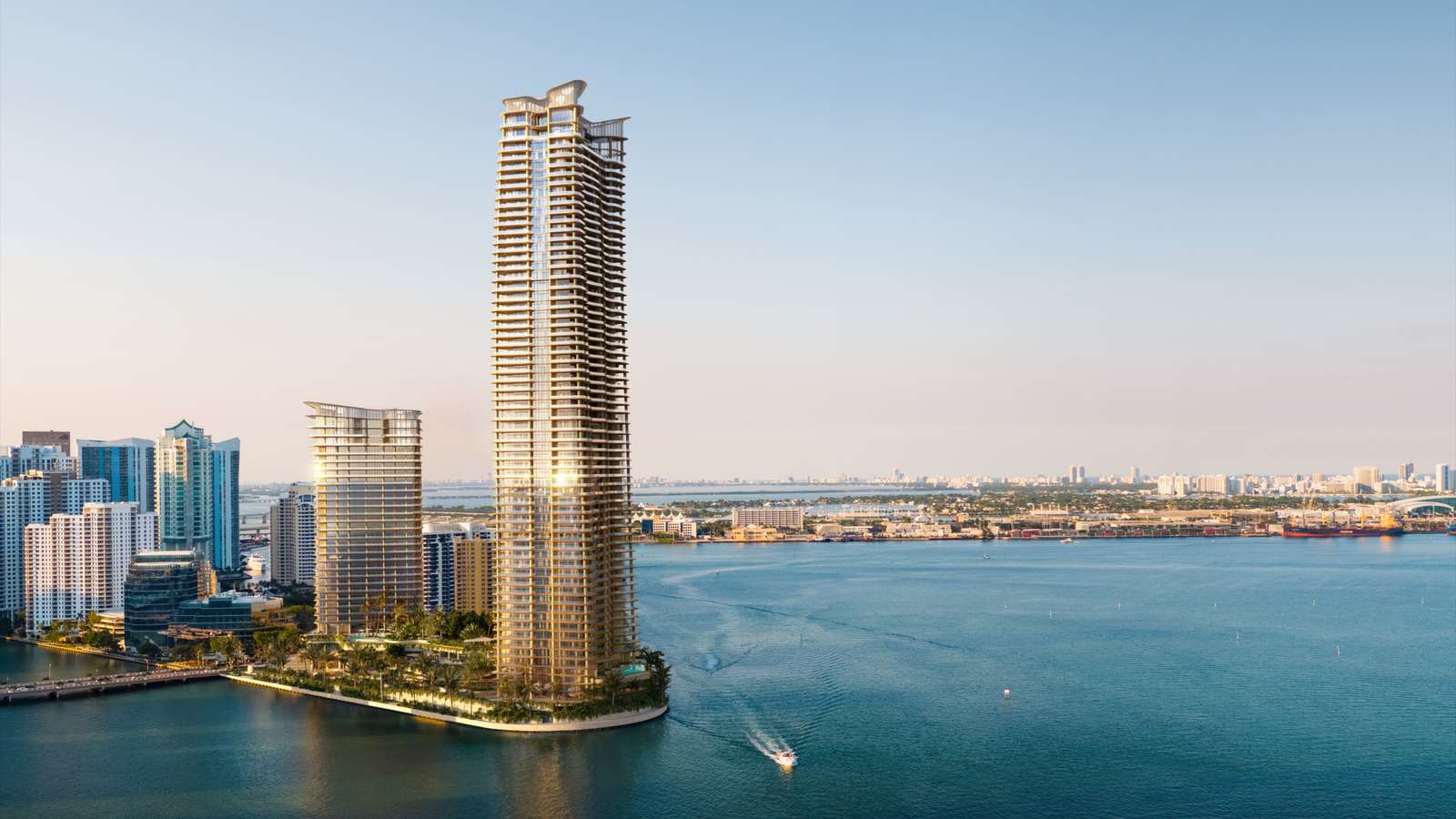 Architectural rendering of two luxury skyscrapers on a waterfront peninsula in Miami