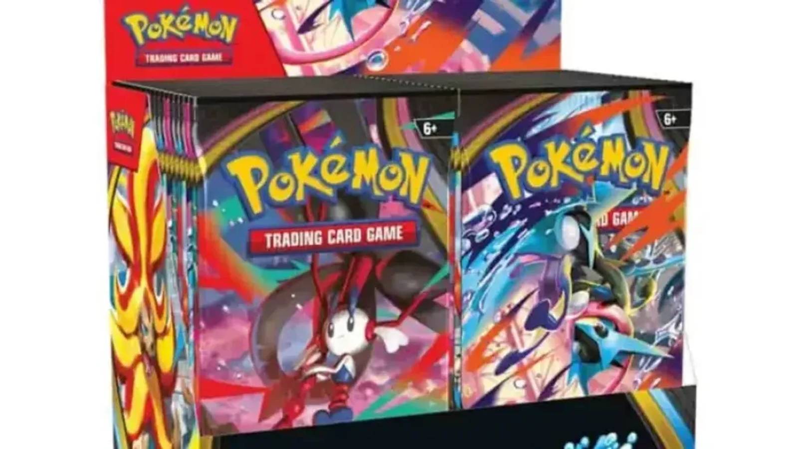 A display box of Pokemon Trading Card Game booster packs featuring colorful character artwork