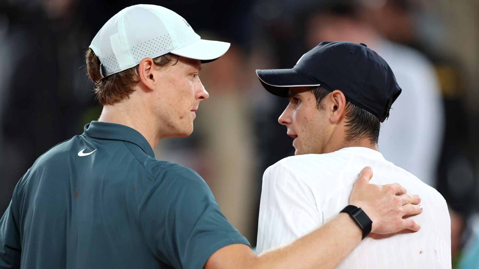 Jannik Sinner shakes hands with Rafael Jodar after their tennis match in Madrid