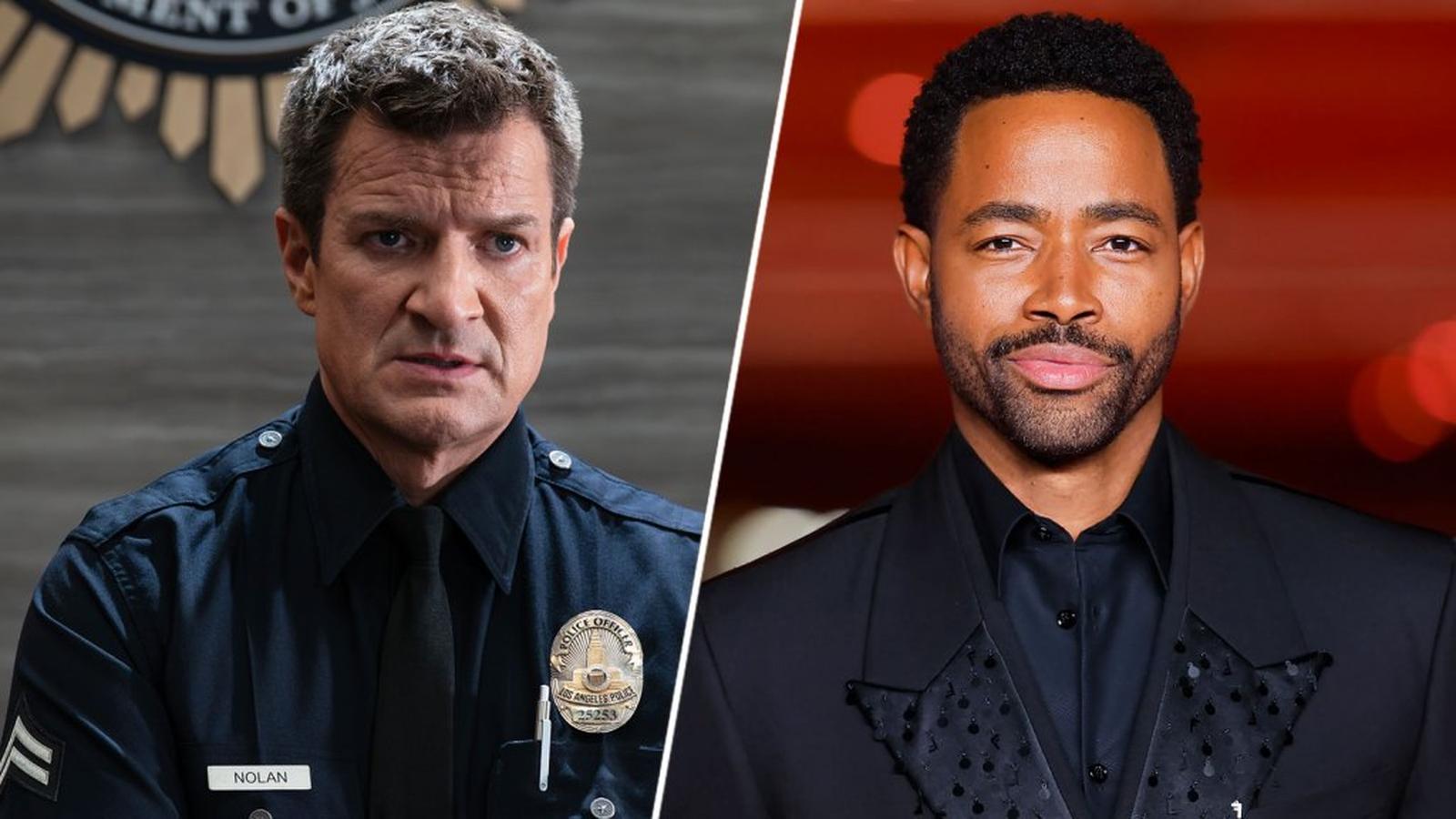 Nathan Fillion in police uniform beside actor Jay Ellis in a black suit