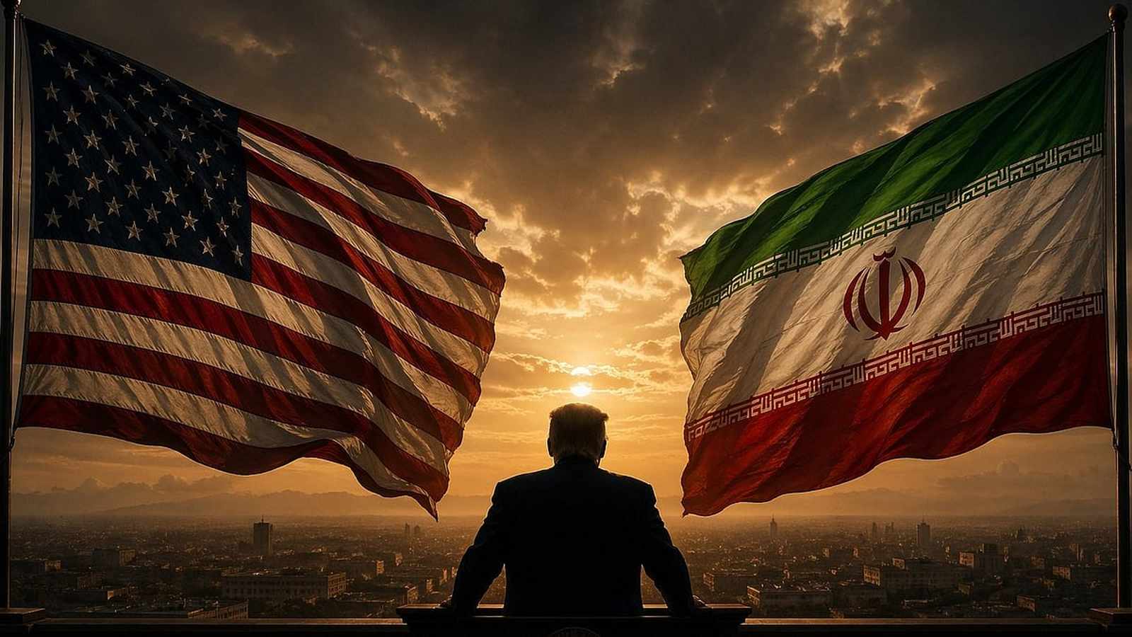 Donald Trump stands between large American and Iranian flags overlooking a city skyline.
