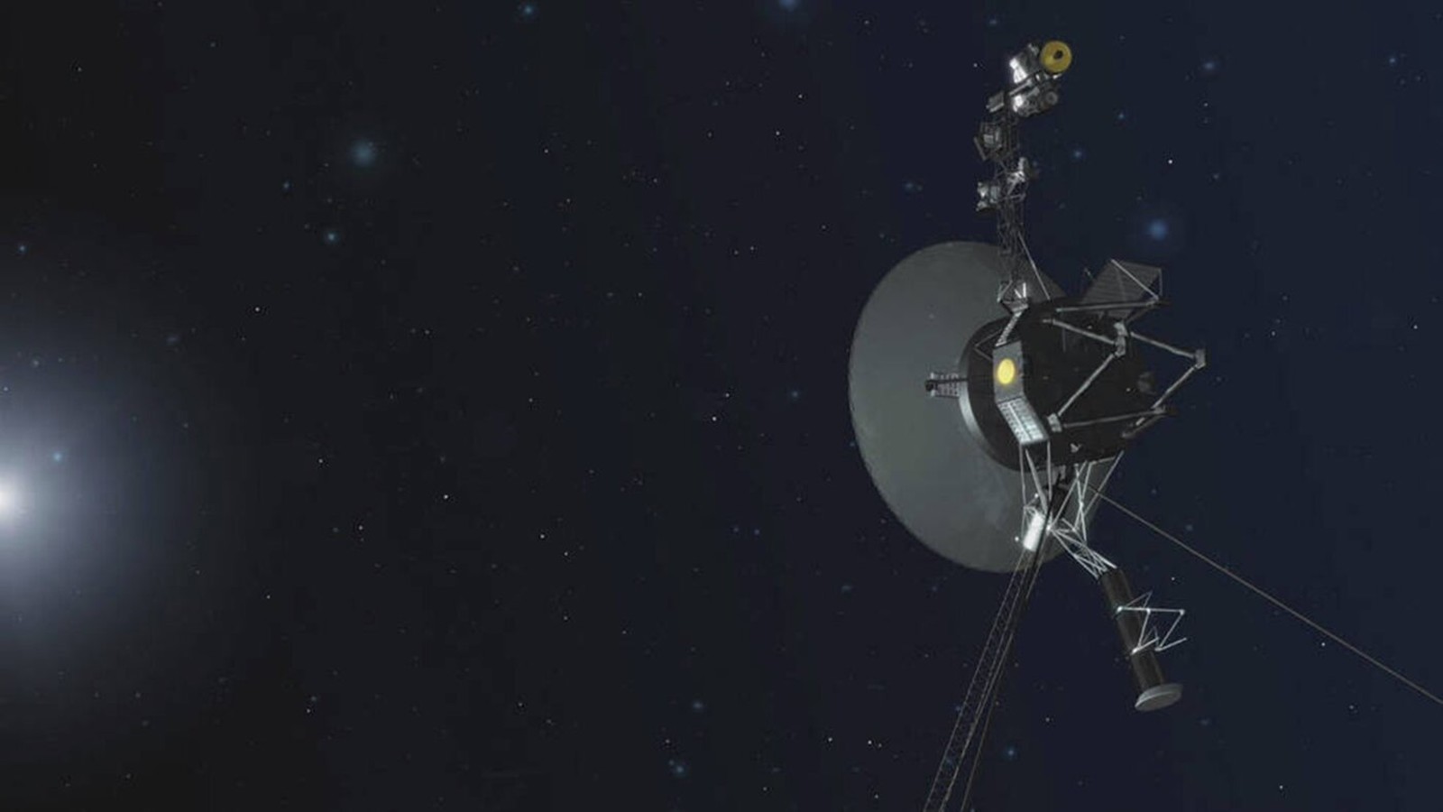 The Voyager 1 spacecraft traveling through the dark expanse of deep interstellar space