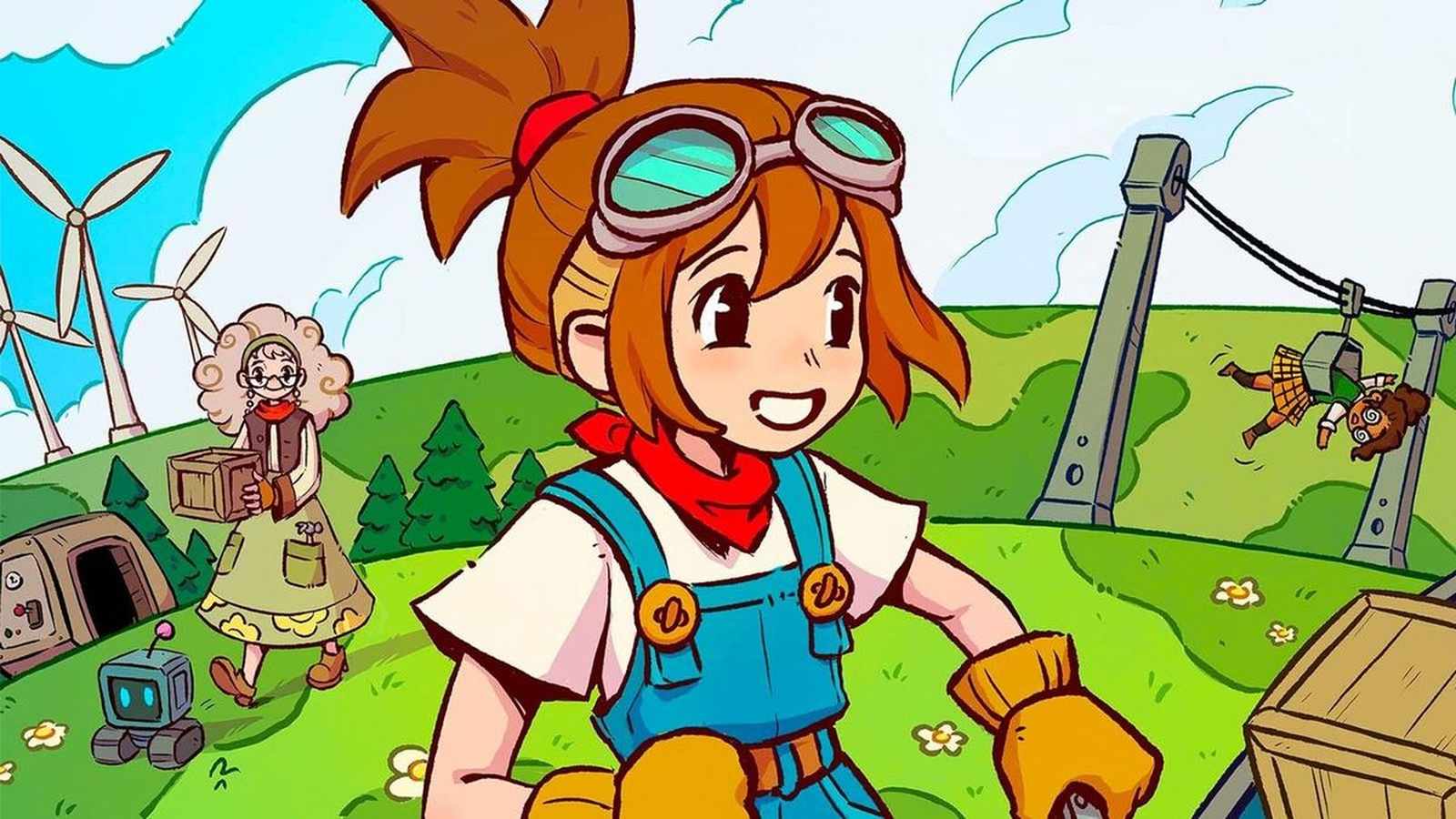 Animated character in overalls standing in a vibrant field with wind turbines