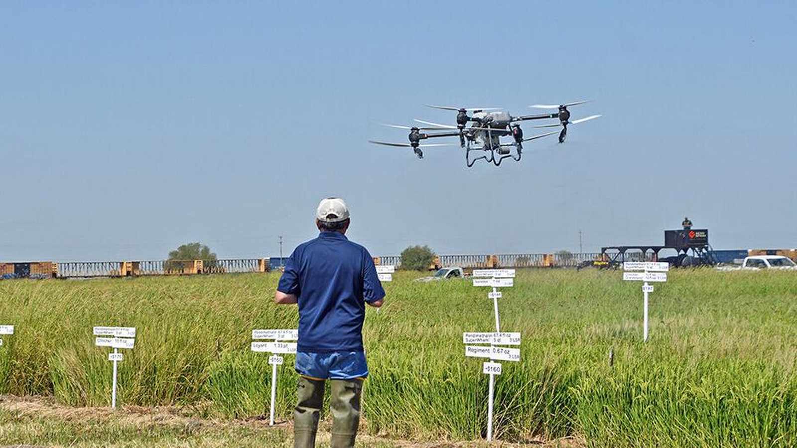 A pilot operating a drone over an agricultural research field with crop markers