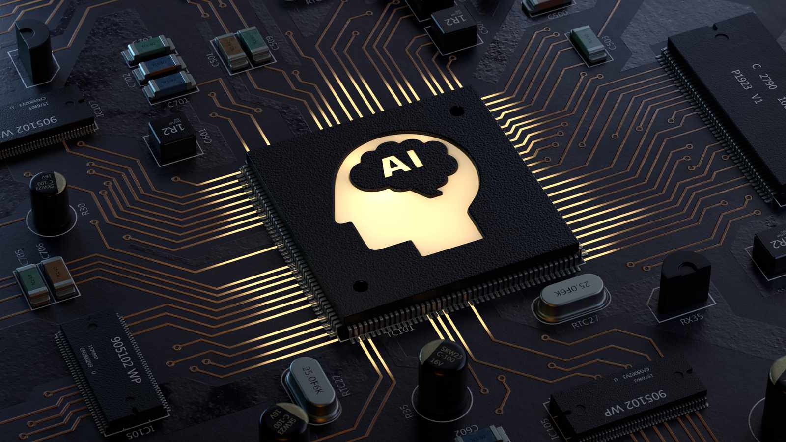 A glowing human head silhouette with a brain icon on a computer circuit board