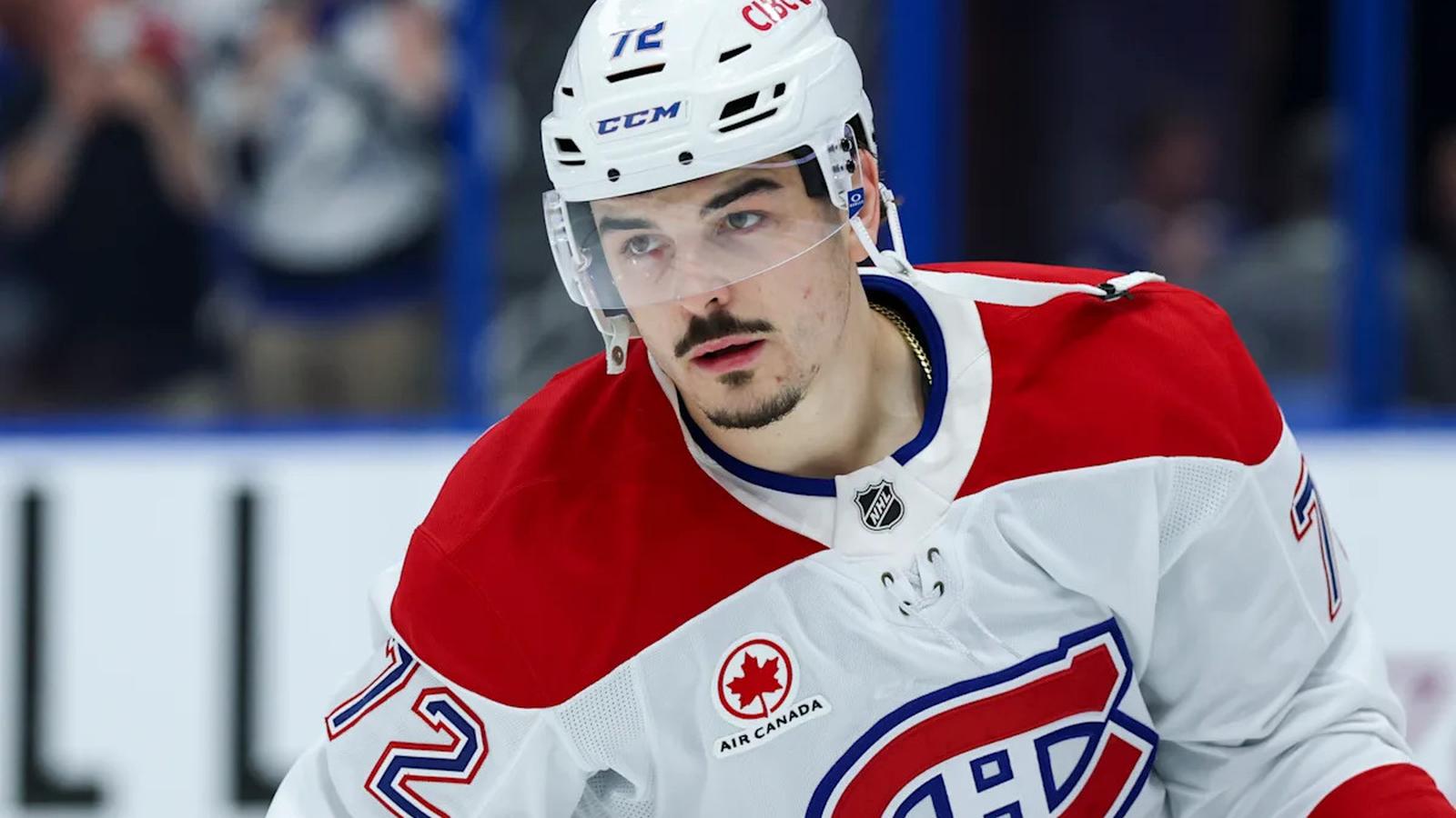 Montreal Canadiens defenseman Arber Xhekaj wearing his white team jersey and helmet