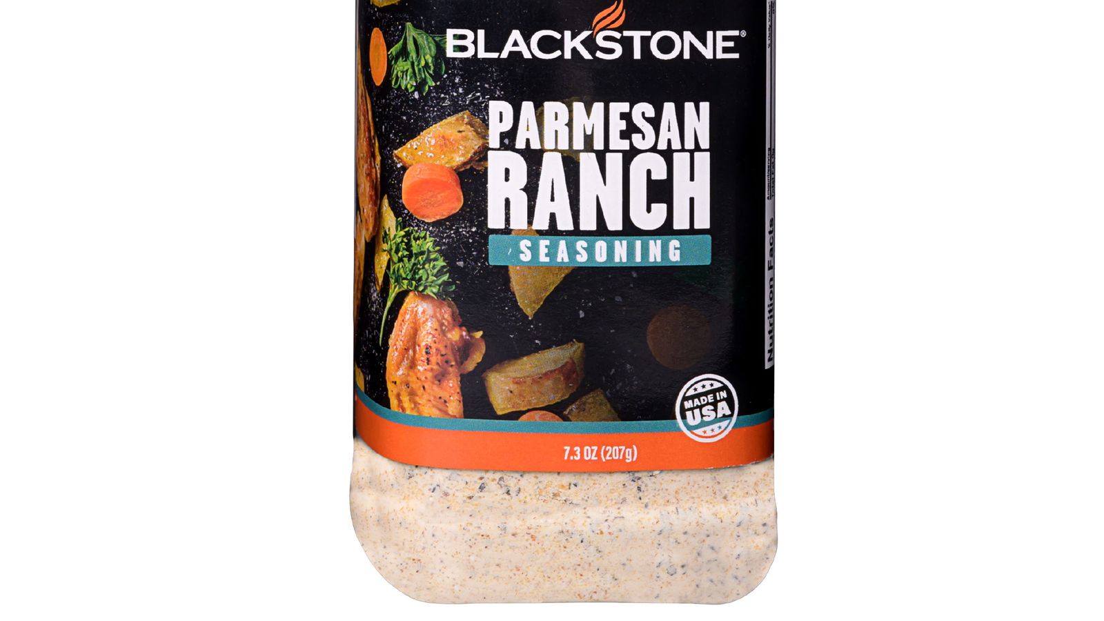 A plastic bottle of Blackstone Parmesan Ranch seasoning on a white background
