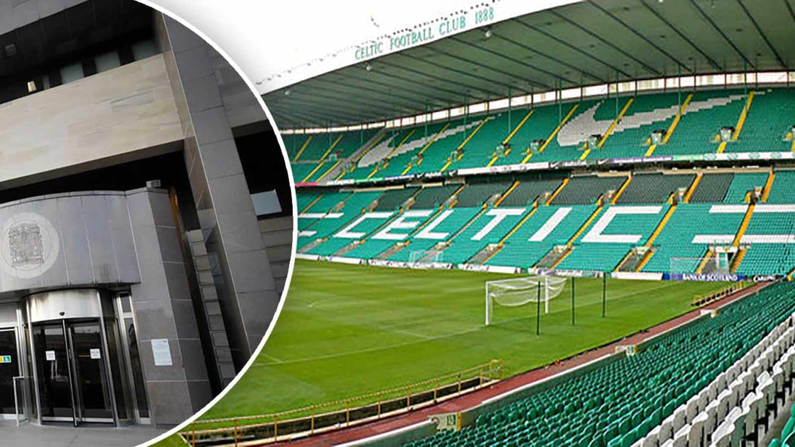 Composite image showing the green seats of Celtic Park and a modern court entrance