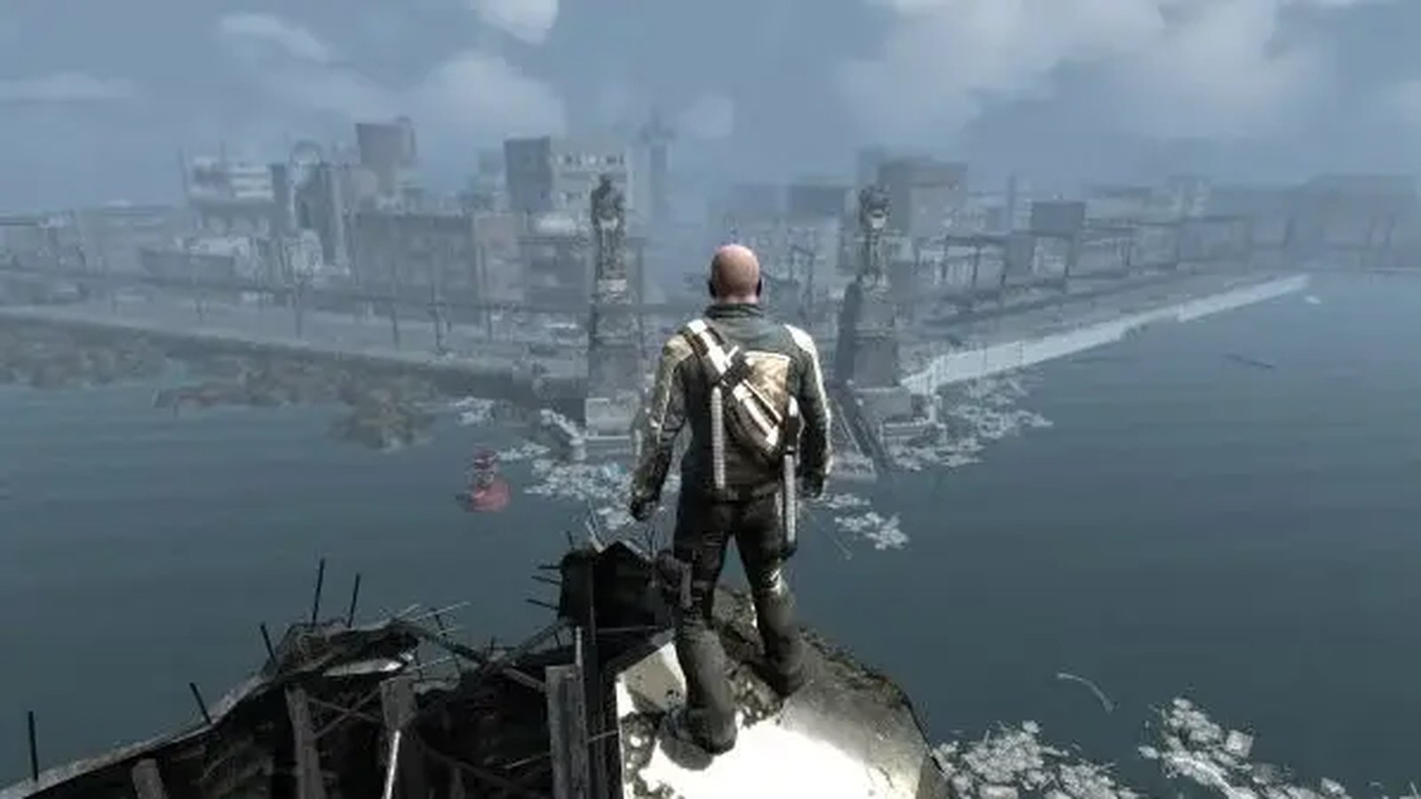 Cole MacGrath standing on a rooftop overlooking a post-apocalyptic city in Infamous