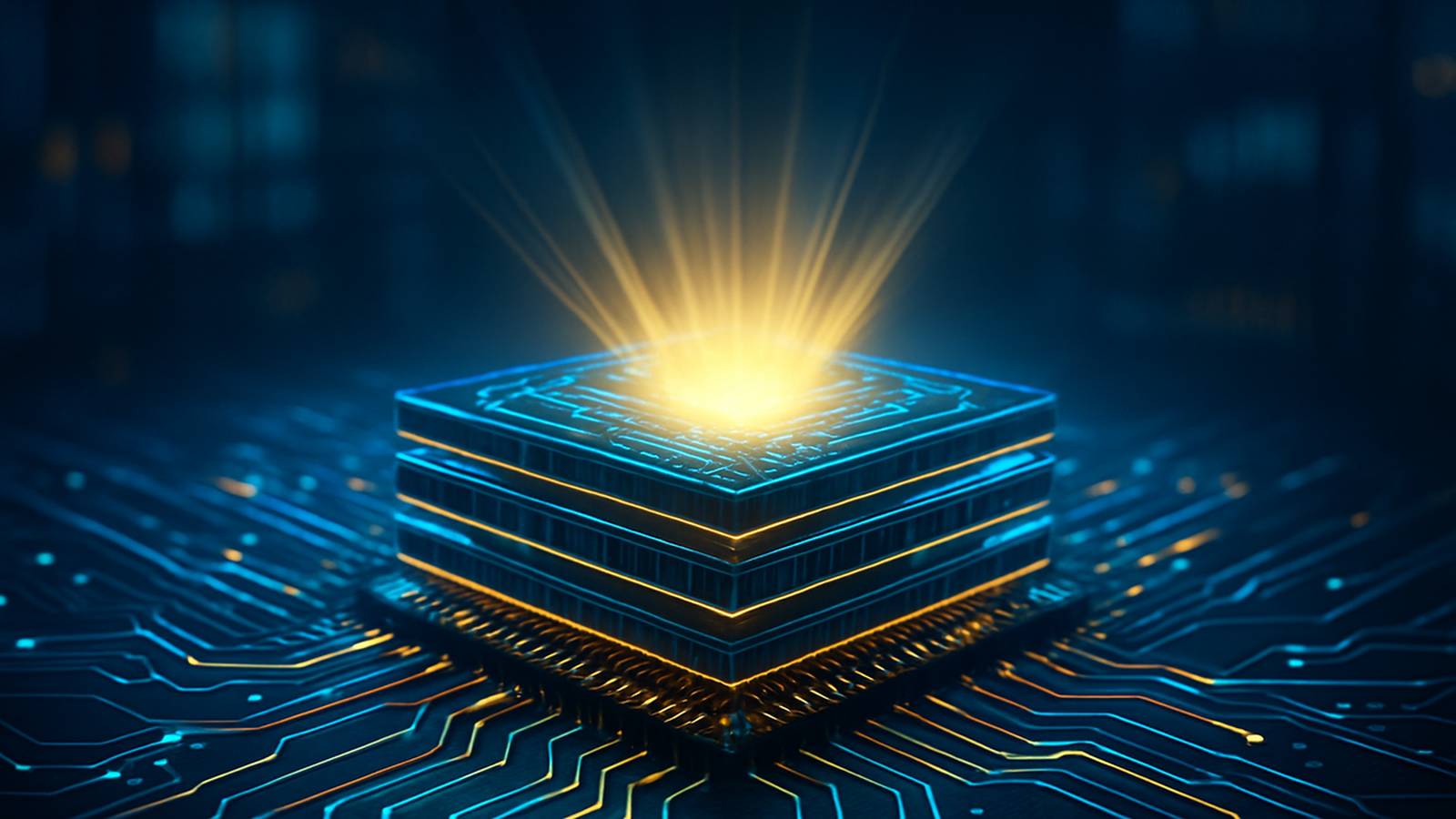 A glowing high-performance memory chip integrated into a complex blue circuit board