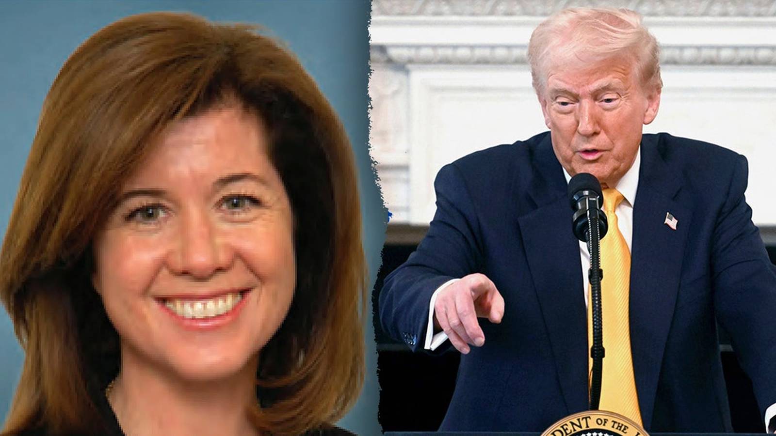 Senate Parliamentarian Elizabeth MacDonough and President Donald Trump shown in a split screen compo