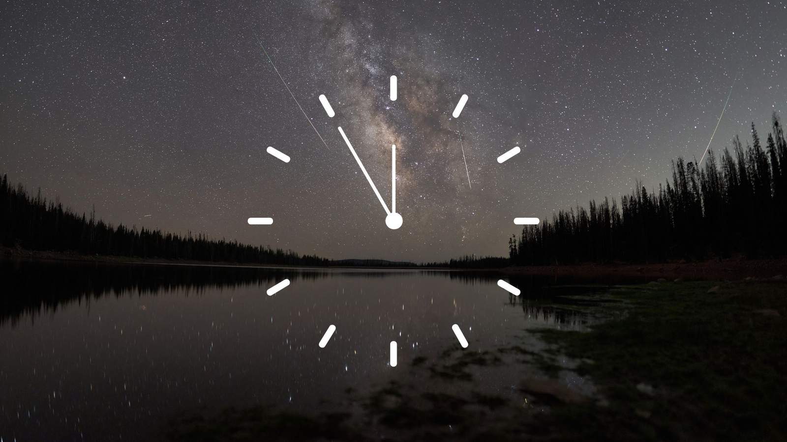 A clock face overlay on a night sky with meteors and milky way