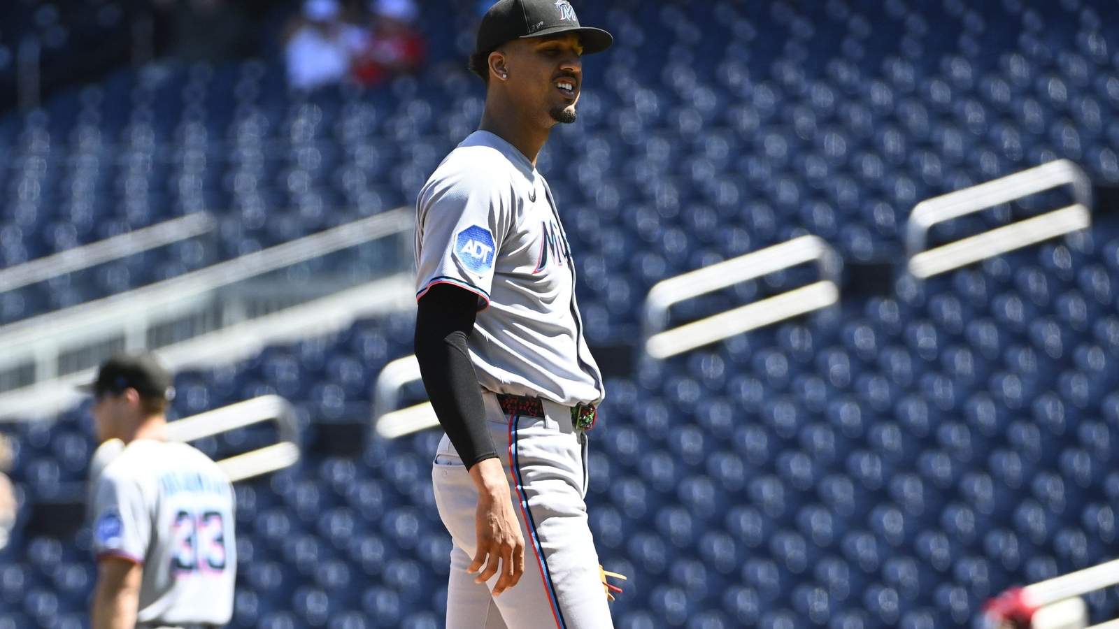 Miami Marlins pitcher Eury Pérez standing on the field during a baseball game