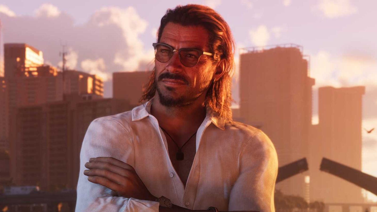 A man with long hair and glasses wearing a white shirt in Vice City