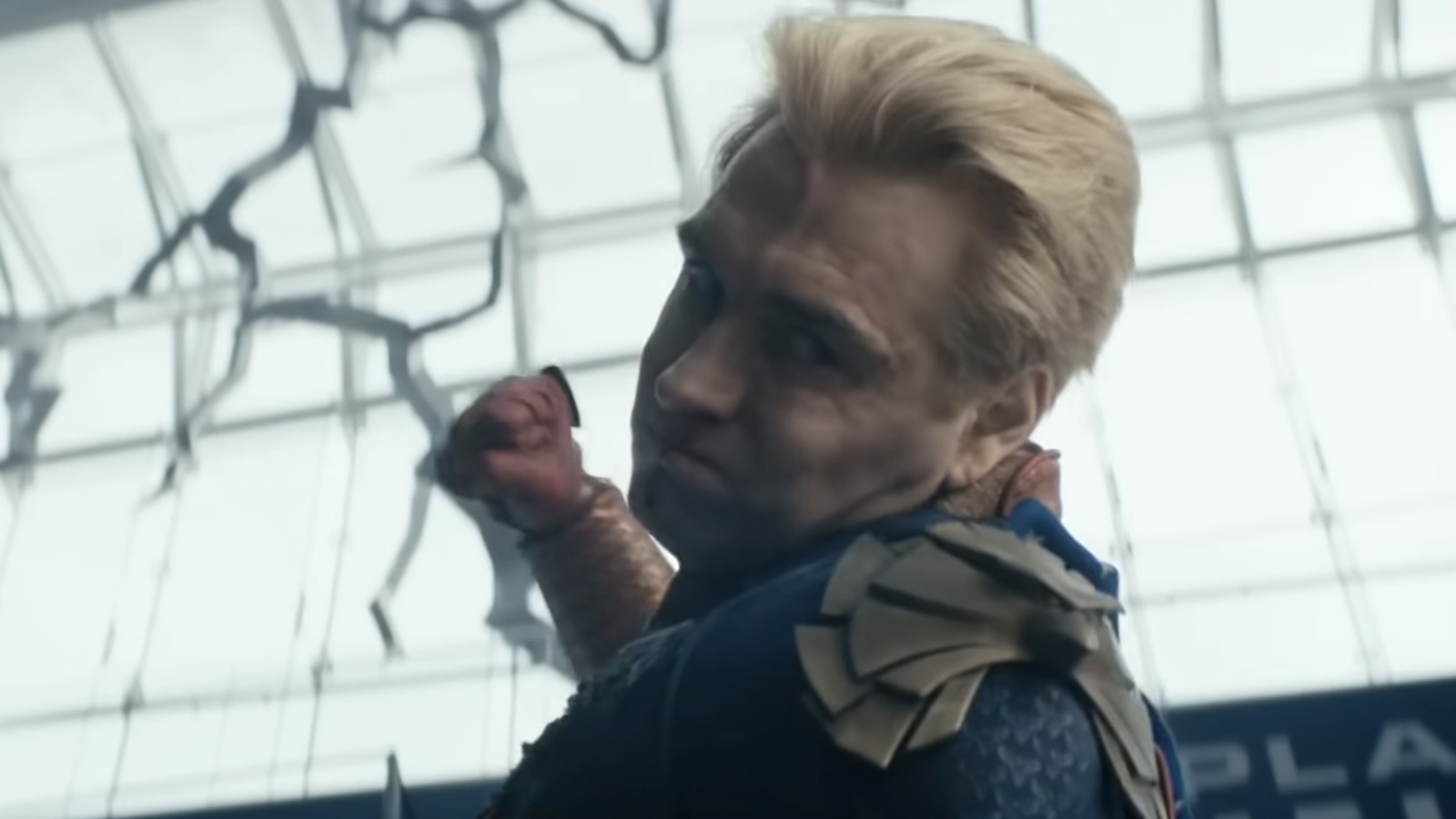 Homelander looking intense while preparing to strike in a scene from The Boys