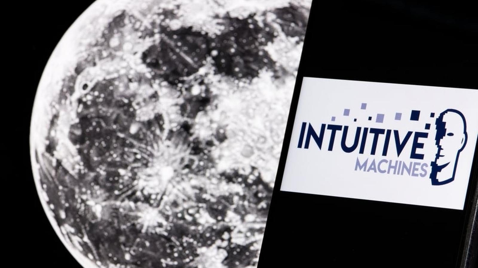 The Intuitive Machines company logo displayed on a screen next to the moon