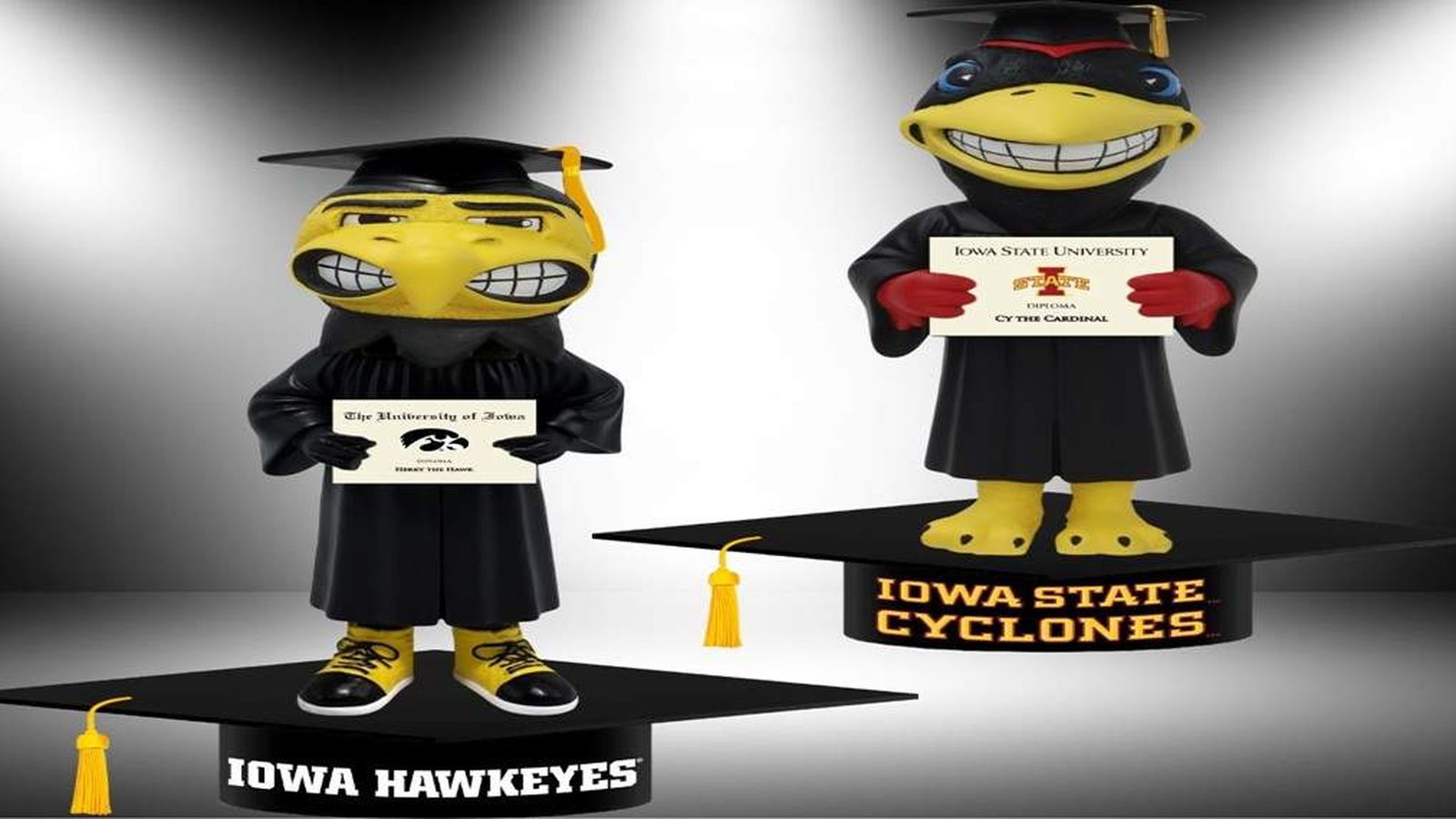 Graduation themed bobbleheads of University of Iowa and Iowa State University mascots