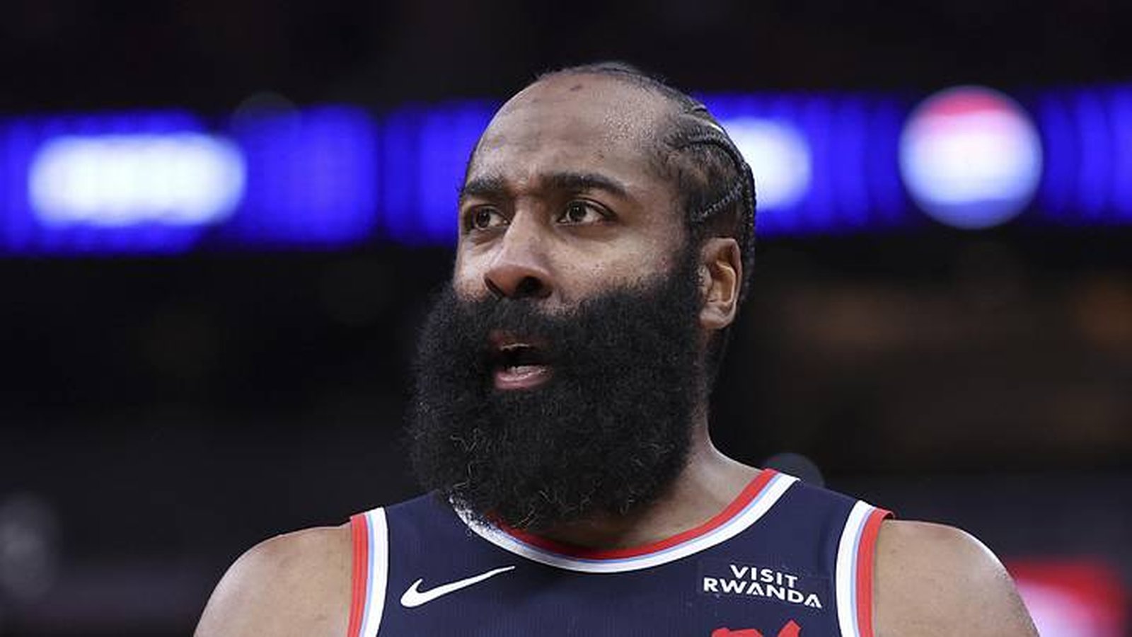 Close up portrait of basketball player James Harden wearing a team jersey