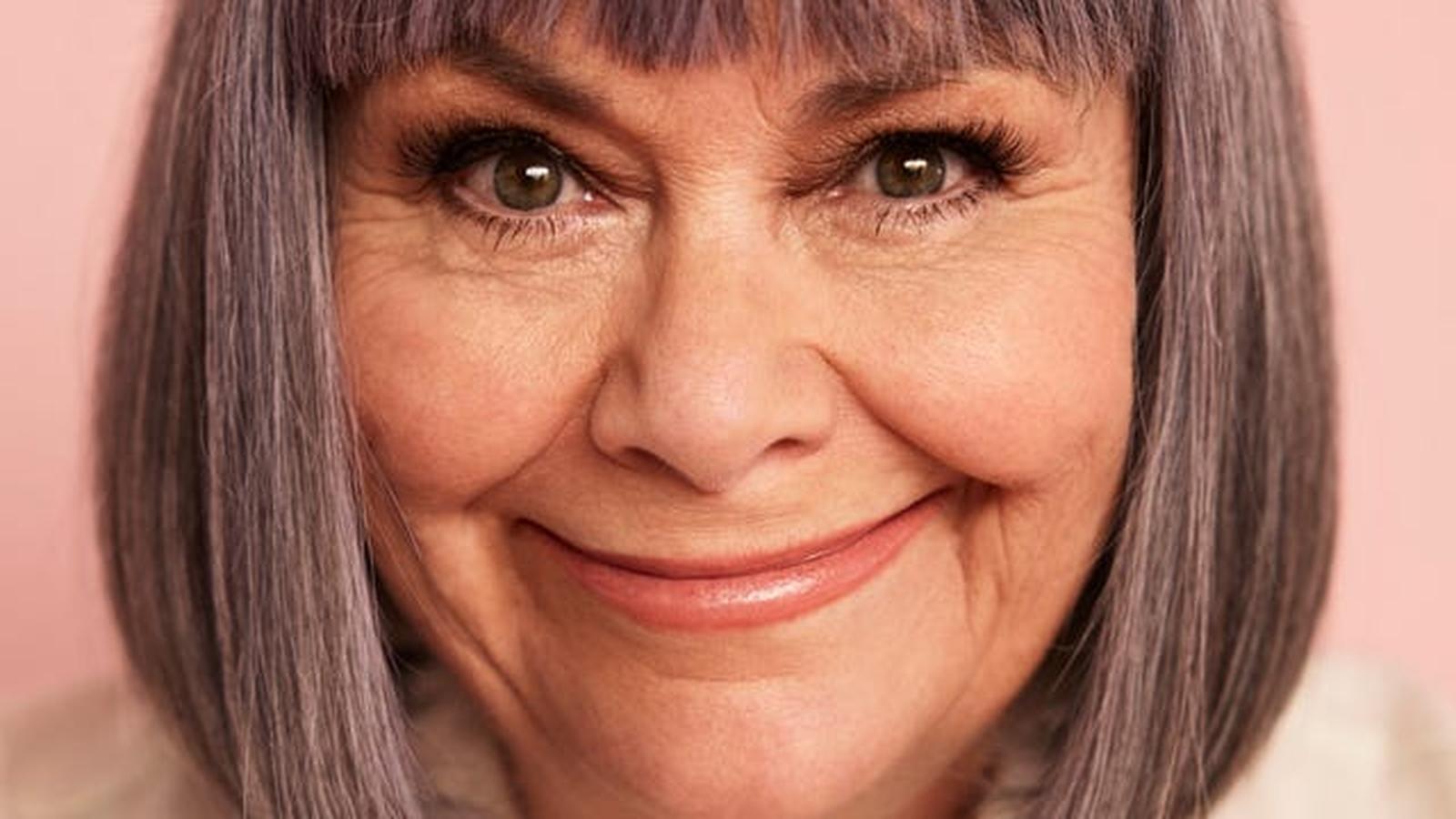 Close up portrait of British comedian Jennifer Saunders with grey bob hairstyle