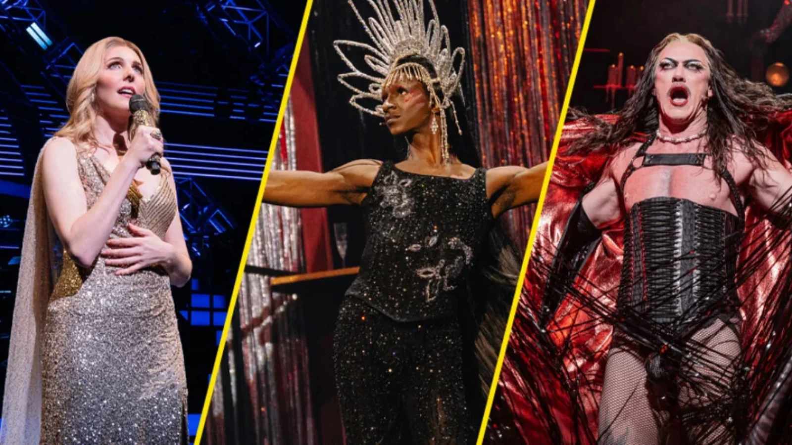 Luke Evans performing on stage in a corset and cape for Rocky Horror