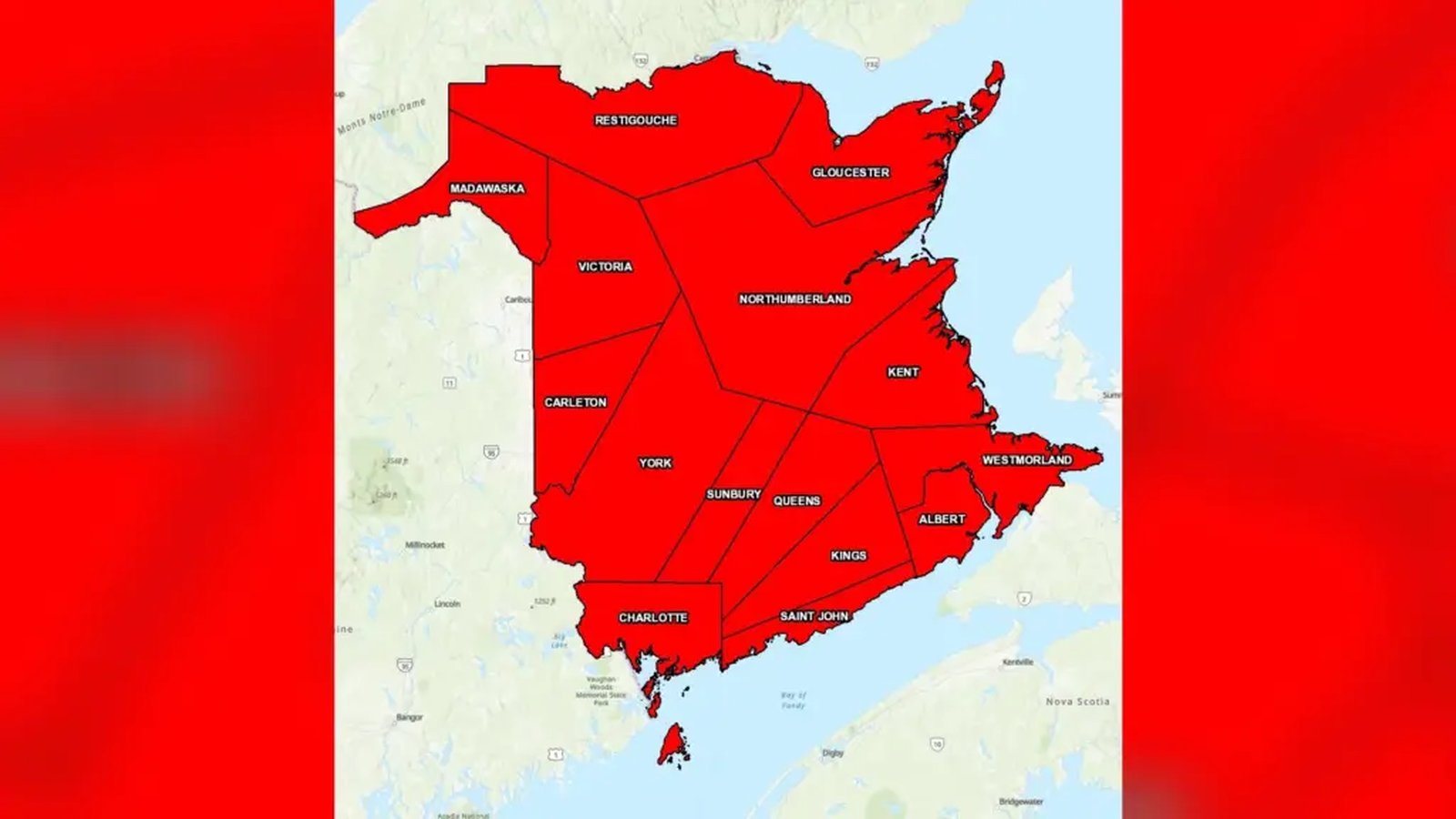Map of New Brunswick showing regions highlighted in red, indicating fire restrictions