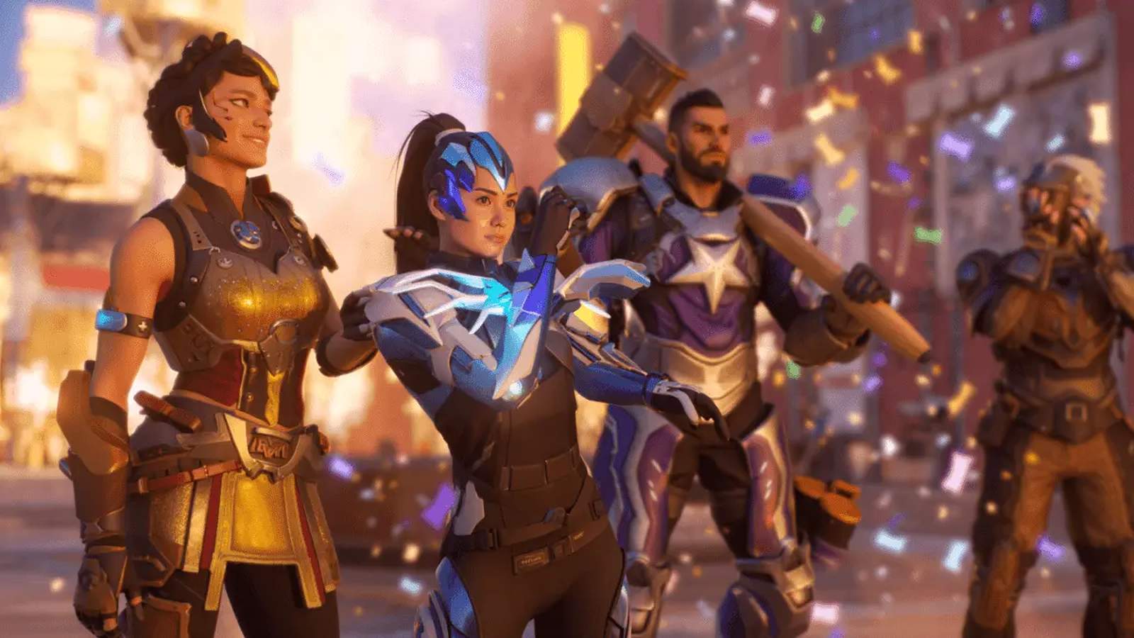 Overwatch 2 heroes standing together amidst falling confetti during an anniversary celebration event