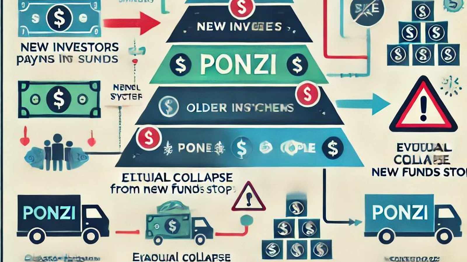An infographic diagram showing the pyramid structure and flow of money in a Ponzi scheme