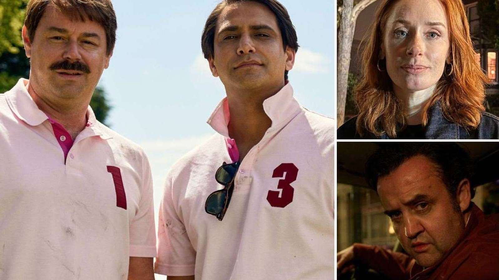 Rivals TV series cast two men in polo shirts, a red-haired woman, and a man